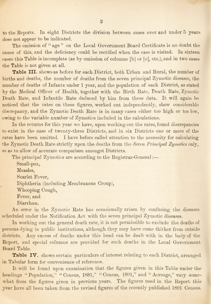 to the Reports. In eight Districts the division between cases over and under 5 years does not appear to be indicated. The omission of age ” on the Local Government Board Certificate is no doubt the cause of this, and the deficiency could be rectified when the case is visited. In sixteen cases this Table is incomplete (as by omission of columns [b] or [c], etc.), and in two cases the Table is not given at all. Table III. shows as before for each District, both Urban and Rural, the number of births and deaths, the number of deaths from the seven principal Zymotic diseases, the number of deaths of Infants under 1 year, and the population of each District, as stated by the Medical Officer of Health, together with the Birth Rate, Death Rate, Zymotic Death Rate, and Infantile Rate deduced by him from these data. It will again be noticed that the rates on these figures, worked out independently, show considerable discrepancy, and the Zymotic Death Rate is in many cases either too high or too low, owing to the variable number of Zymotics included in the calculations. In the returns for this year we have, upon working out the rates, found discrepancies to exist in the case of twenty-three Districts, and in six Districts one or more of the rates have been omitted. I have before called attention to the necessity for calculating the Zymotic Death Rate strictly upon the deaths from the Seven Principal Zymotics only, so as to allow of accurate comparison amongst Districts. The principal Zymotics are according to the Registrar-General:— Small-pox, Measles, Scarlet Fever, Diphtheria (including Membranous Croup), Whooping Cough, Fever, and Diarrhoea. An error in the Zymotic Rate has occasionally arisen by confusing the diseases scheduled under the Notification Act with the seven principal Zymotic diseases. In working out the general death rate, it is not permissible to exclude the deaths of persons dying in public institutions, although they may have come thither from outside districts. Any excess of deaths under this head can be dealt with in the body of the Report, and special columns are provided for such deaths in the Local Government Board Table. Table IV. shows certain particulars of interest relating to each District, arranged in Tabular form for convenience of reference. It will be found upon examination that the figures given in this Table under the headings “Population,” “Census, 1881,” “Census, 1891,” and “ Acreage,” vary some¬ what from the figures given in previous years. The figures used in the Report this year have all been taken from the revised figures of the recently published 1891 Census.