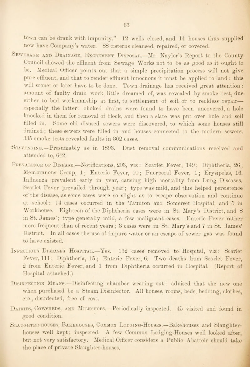 G3 town can be drank with impunity.” 12 wells closed, and 14 houses thus supplied now have Company’s water. 88 cisterns cleansed, repaired, or covered. 8>ewehaoe and Drainage, Excrement Disposal.—Mr. Naylor’s Deport to the County Council showed the effluent from Sewage Works not to be as good as it ought to be. IMedical Officer ])oints out that a simple precipitation process will not give pure effluent, and that to render effluent innocuous it must be applied to land : this will sooner or later have to be done. Town drainage has received great attention : amount of faulty drain work, little dreamed of, was revealed by smoke test, due either to bad workmanship at first, to settlement of soil, or to reckless repair— especially the latter: choked drains were found to have been uncovered, a hole knocked in them for removal of block, and then a slate was put over hole and soil filled in. Some old disused sewers were discovered, to which some houses still drained ; these sewers were filled in and houses connected to the modern sewers. 335 smoke tests revealed faults in 302 cases. Scavenging.— Presumably as in 1893. attended to. 042. y Dust removal communications received and Prevalence OF Disease.—Notifications, 203, viz: Scarlet Fever, 149; Diphtheria, 2G; Membranous Croup, 1; Enteric Fever, 10; Puerperal Fever, 1; Erysipelas, 16. Influenza prevalent early in year, causing high mortality from Lung Diseases. Scarlet Fever prevailed through year; type was mild, and this helped persistence of the disease, as some cases were so slight as to escape observation and continue at school: 14 cases occurred in the Taunton and Somerset Hospital, and 5 in Workhouse. Eighteen of the Di])htheria cases were in St. Mar^^’s District, and 8 in St. James’; type generally mild, a few malignant cases. Enteric Fever rather more frequent than of recent years; 3 cases were in St. Mary’s and 7 in St. James’ District. In all cases the use of impure water or an escape of sewer gas was found to have existed. Infectious Diseases Hospital.—Yes. 132 cases removed to Hospital, viz: Scarlet Fever, 111; Diphtheria, 15; Enteric Fever, G. Two deaths from Scarlet Fever, 2 from Enteric Fever, and 1 from Diphtheria occurred in Hospital. (Report of Hospital attached.) Disinfection Means.—Disinfecting chamber wearing out: advised that the new one when purchased be a Steam Disinfector. All houses, rooms, beds, bedding, clothes, etc., disinfected, free of cost. Dairies, Cowsheds, and Milkshops.—Periodically ins])ected. 45 visited and found in good condition. Slaughter-houses, Bakehouses, Common Lodging-Houses.—Bakehouses and Slaughter¬ houses well ke])t; inspected. A few Common Lodging-Houses well looked after, but not very satisfactory. Medical Officer considers n Public Abattoir should take the place of private Slaughter-houses.