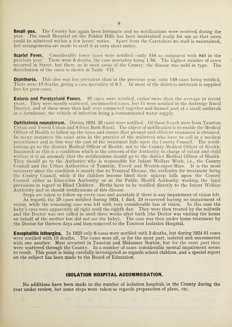 Small-pox. The County has again been fortunate and no notifications were received during the year. The small Hospital on the Polden Hills has been maintained ready for use so that cases could be admitted within a few hours’ notice. Apart from the Caretakers no staff is maintained, but arrangements are made to staff it at very short notice. Scarlet Fever. Considerably fewer cases were notified—only 516 as compared with 940 in the previous year. There were 8 deaths, the case mortality being 1.56. The highest number of cases occurred in Street, but there, as in most areas of the County, the disease was mild in type. The distribution of the cases is shown in Table VII. Diphtheria. This also was less prevalent than in the previous year, only 149 cases being notified. There were 13 deaths, giving a case mortality of 8.7. In most of the districts antitoxin is supplied free for poor cases. Enteric and Paratyphoid Fevers. 32 cases were notified, rather more than the average in recent years. They were mostly scattered, unconnected cases, but 11 were notified in the Axbridge Rural District, and of these more than half were connected together and formed part of a small outbreak in a farmhouse, the vehicle of infection being a contaminated water supply. Ophthalmia neonatorum. During 1924, 25 cases were notified. Of these 5 each were from Taunton Urban and Yeovil Urban and 4 from Bath Rural. The object of notification is to enable the Medical Officer of Health to follow up the cases and ensure that prompt and efficient treatment is obtained. In many instances the cases arise in the practice of the midwives who have to call in a medical practitioner and in this way the cost of the treatment falls upon the County Council. The notifi¬ cations go to the district Medical Officer of Health, not to the County Medical Officer of Health. Inasmuch as this is a condition which is the concern of the Authority in charge of infant and child welfare it is an anomaly that the notifications should go to the district Medical Officer of Health. They should go to the Authority who is responsible for Infant Welfare Work, i.e., the County Council and the Urban Authorities of Taunton, Yeovil and Weston-super-Mare. It is the more necessary since the condition is mostly due to Venereal Disease, the authority for treatment bemg the County Council, while if the children become blind their upkeep falls upon the County Council either as Education Authority or as the Public Health Authority working the legal provisions in regard to Blind Children. Births have to be notified directly to the Infant Welfare Authority and so should notifications of this disease. Steps are taken to follow up every case and ascertain if there is any impairment of vision left. As regards the 25 cases notified during 1924, 1 died, 23 recovered leaving no impairment of vision, while the remaining case was left with very considerable loss of vision. In this case the baby’s eyes were apparently all right until the eighth day. They were then treated by the midwife and the Doctor was not called in until three weeks after birth (the Doctor was visiting the house on behalf of the mother but did not see the baby). The case was then under home treatment by the Doctor for thirteen days and then removed to the Taunton Isolation Hospital. Encephalitis lethargica. In 1923 only 8 cases were notified with 3 deaths, but during 1924 61 cases were notified with 15 deaths. The cases were all, or for the most part, isolated and unconnected with one another. Most occurred in Taunton and Midsomer Norton, but for the most part they were scattered through the County. In a number of cases considerable mental impairment seems to result. This point is being carefully investigated as regards school children, and a special report on the subject has been made to the Board of Education. ISOLATION HOSPITAL ACCOMMODATION. No additions have been made to the number of isolation hospitals in the County during the year under review, but some steps were taken as regards preparation of plans, etc.