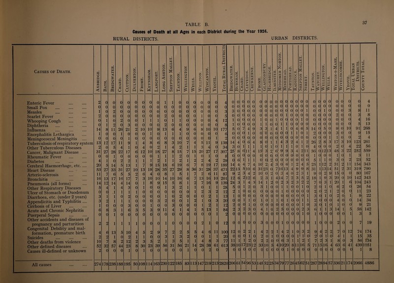 Causes of Death at all Ages in each District during the Year 1924. 37 RURAL DISTRICTS. URBAN DISTRICTS. Causes of Death. Enteric Fever . Small Pox . . Measles . Scarlet Fever . Whooping Cough . Diphtheria . Influenza . Encephalitis Lethargica Meningococcal Meningitis Tuberculosis of respiratory system Other Tuberculous Diseases Cancer, Malignant Disease . Rheumatic Fever . Diabetes Cerebral Haemorrhage, etc. Heart Disease . Arterio-sclerosis . Bronchitis . Pneumonia (all forms) Other Respiratory Diseases Ulcer of Stomach or Duodenum Diarrhoea, etc. (under 2 years) Appendicitis and Typhilitis. Cirrhosis of Liver . Acute and Chronic Nephritis Puerperal Sepsis . Other accidents and diseases of pregnancy and parturition Congenital Debility and mal¬ formation, premature birth Suicides . Other deaths from violence Other defined diseases Causes ill-defined or unknown All causes Axbridge. Bath. Bridgwater. Chard. Clutton. Dulverton. Frome. Keynsham. Langport. Long Ashton. Shepton Mallet. Taunton. Wellington Wells. WiLLITON, Iz o H 'A <5 O 55 I—1 Yeovil. Total Rural Districts w H O »—1 PQ 1 Burnham. I 1 Chard. Clevedon. 1 Crewkerne. Frome. . Glastonbury. 1 Highbridge. I 1 Ilminster. I iz; o H « c z; « w s o w o Minehead. 1 PORTISHEAD. j 1 Kadstock. H W >-i i-l c A. O H CL, W W n 1 Street. Taunton. Watchet. j 1 Wellington. j 1 Wells. Weston-s-Mare. 1 WlVELISCOMBE. 1 Yeovil. Total Urban Districts. County Total. 2 0 0 0 0 0 0 0 0 1 1 0 0 0 0 0 0 4 0 0 0 0 0 0 0 0 0 0 0 0 0 0 0 0 0 0 0 0 0 0 0 4 0 0 0 0 0 0 0 0 0 0 0 0 0 0 0 0 0 0 0 0 0 0 0 0 0 0 0 0 0 0 0 0 0 0 0 0 0 0 0 0 0 0 1 0 2 0 0 0 0 0 0 0 0 0 0 0 0 0 0 3 3 0 0 0 0 0 0 0 0 0 0 0 0 0 1 0 0 1 0 0 0 3 8 11 2 0 0 0 0 0 0 0 0 2 0 0 0 0 1 0 0 5 0 0 0 0 0 0 0 0 0 0 1 0 0 0 0 0 0 0 0 2 0 0 3 8 0 1 0 2 0 0 1 1 1 0 1 1 0 0 0 0 4 12 1 0 0 0 0 1 0 0 1 0 0 0 0 1 0 0 0 0 0 0 0 0 4 16 0 1 2 0 3 0 0 0 0 2 0 0 0 0 0 0 0 8 1 0 0 0 0 1 1 0 0 1 1 0 0 0 0 0 0 0 0 0 0 0 5 13 14 8 11 26 21 2 10 10 9 13 6 4 9 6 8 10 10 177 5 0 7 4 9 3 3 1 4 1 1 0 4 6 5 14 0 5 0 9 0 10 91 268 1 0 0 1 0 0 0 1 0 1 1 1 0 0 0 0 0 6 0 0 0 1 0 0 0 0 0 0 0 1 1 0 1 2 0 0 0 3 0 0 9 15 0 0 0 0 1 0 0 0 0 0 0 0 0 0 0 0 1 2 0 0 0 0 0 0 0 0 0 0 0 0 0 0 0 0 0 0 1 1 0 0 2 4 13 12 17 11 9 1 4 8 6 8 3 10 7 4 5 11 9 138 14 4 0 6 4 8 0 1 1 4 3 2 4 1 2 26 2 8 3 17 3 10 123 261 2 0 5 4 1 0 4 0 2 1 4 2 1 1 3 4 0 34 3 0 1 1 1 1 0 1 0 1 1 1 0 1 0 4 0 0 0 2 0 4 22 56 31 27 28 22 17 6 12 10 18 27 8 15 7 15 20 27 17 307 25 8 6 11 4 15 3 2 6 9 9 3 4 2 11 36 0 12 13 48 3 22 252 559 0 0 1 0 0 0 0 0 1 1 1 2 0 1 0 1 0 8 0 0 0 0 0 0 0 0 0 0 0 0 0 0 0 1 0 0 0 1 0 1 3 11 4 1 0 2 2 1 1 1 2 1 1 2 1 2 2 4 2 29 0 6 1 1 1 0 0 2 0 0 0 0 0 0 0 5 1 1 0 3 0 2 23 52 20 5 14 5 13 1 7 9 15 18 6 19 6 7 8 19 17 189 14 4 4 7 4 10 2 4 3 0 6 1 2 4 5 25 1 12 2 31 2 11 154 343 53 27 33 31 27 10 13 18 28 35 27 29 8 36 31 28 37 471 22 13 5 10 6 31123 0 7 16 13 4 9 9 8 31 1 13 14 51 2 31 319 790 11 7 6 5 5 2 6 4 0 8 1 5 1 7 2 6 11 87 9 2 3 4 2 10 0 2 0 3 4 0 2 3 1 9 0 2 9 15 0 0 80 167 16 13 17 16 17 7 3 10 10 14 10 16 6 7 13 16 10 201 12 6 2 12 6 2 3 1 4 14 7 2 3 5 2 18 1 9 3 20 0 10 142 343 14 12 14 4 14 0 1 8 9 15 5 8 1 2 7 16 9 139 24 3 1 4 3 14 1 2 0 2 3 2 3 2 2 7 0 3 1 20 1 6 104 243 5 4 1 4 3 0 1 0 0 1 3 2 1 1 0 1 1 28 5 0 1 2 0 3 1 0 0 1 1 0 0 1 0 2 0 1 0 6 2 0 26 54 0 0 1 1 1 1 0 0 0 0 0 0 0 1 2 3 2 12 2 1 0 0 0 0 0 0 0 1 0 0 0 0 0 2 0 2 1 2 0 0 11 23 3 1 1 0 2 0 0 0 0 1 0 2 0 0 0 2 1 13 1 0 0 0 0 0 0 0 0 0 0 0 0 0 1 3 0 1 0 2 0 1 9 22 3 2 1 1 1 0 0 0 3 2 0 0 1 2 1 0 3 20 0 0 1 1 0 1 0 1 1 0 1 0 0 1 1 2 0 0 0 2 . 0 0 14 34 1 0 0 0 3 0 0 1 0 0 3 0 0 0 1 2 1 12 2 0 0 1 0 0 0 0 0 0 0 0 0 1 0 3 0 1 0 1 0 0 9 21 6 8 3 1 6 3 5 3 9 11 i 1 4 1 5 13 1 84 2 3 2 3 0 4 1 0 2 5 0 0 0 2 3 6 1 3 14 1 5 58 142 0 0 1 0 0 0 0 0 0 0 0 0 0 0 0 0 1 2 0 0 0 0 0 0 0 0 0 0 0 0 0 1 0 1 0 0 0 0 1 2 5 2 2 1 1 1 1 0 0 0 1 0 0 0 0 2 1 0 12 0 0 0 0 0 3 0 0 0 1 0 0 0 0 0 1 0 0 0 2 0 c 7 19 4 6 13 5 10 4 5 2 9 7 2 2 5 5 4 6 11 100 12 0 2 2 1 4 2 2 1 4 2 1 0 3 2 9 4 2 2 7 c 12 74 174 2 2 1 0 2 1 1 0 0 3 1 3 2 0 0 1 1 20 0 0 0 1 0 2 0 1 0 0 0 0 1 1 0 2 0 1 0 4 1 1 15 35 10 7 8 2 12 2 3 5 2 1 3 5 1 1 4 8 3 77 11 1 1 2 0 2 2 0 0 6 3 1 1 2 1 7 2 3 1 8 c 3 1 56 > 134 52 32 57 44 23 8 30 23 39 56 31 56 21 14 28 38 61 613 38 10 17 23 12 33 !10 5 4 10 20 8 11 16 5 71 15 .16 4 63 6 4] 436 11051 2 0 0 0 1 0 1 0 0 0 0 1 C 0 2 C 7 0 0 C 0 0 C 0 0 0 0 1 0 0 0 0 0 6 0 0 0 ( ( ) 8 274 178 238 188 195 50 108 114 163 148j52