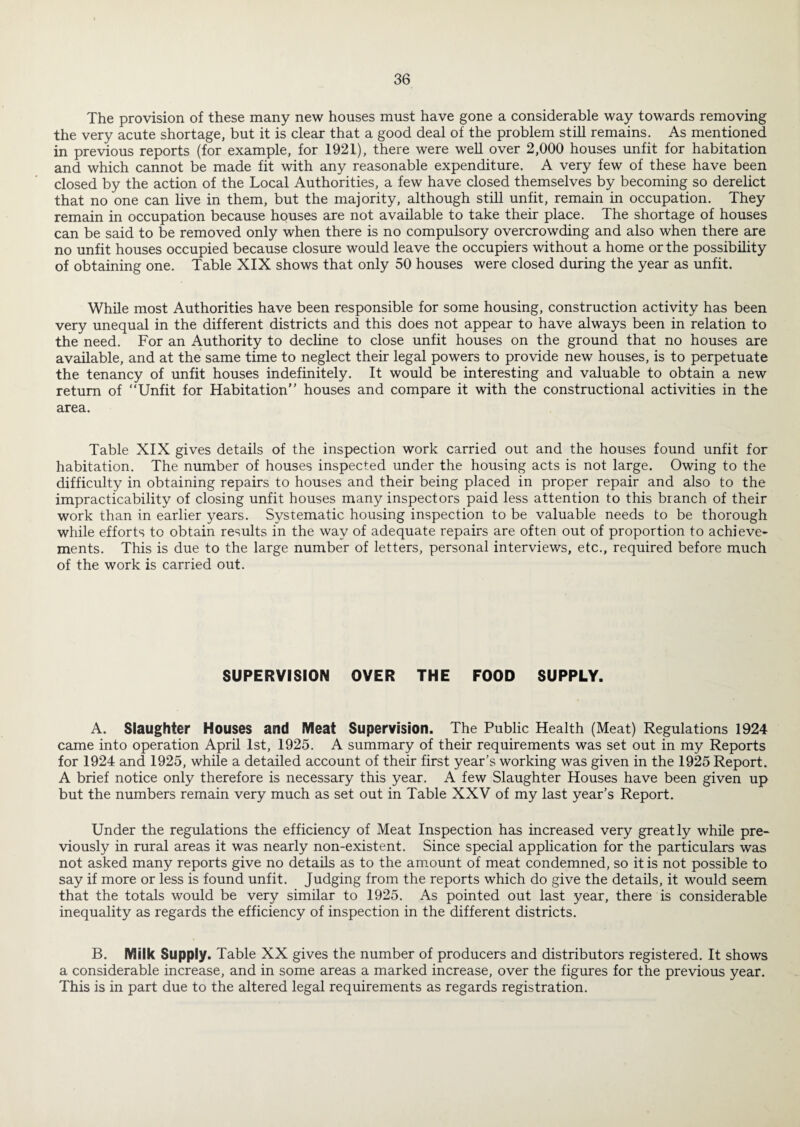 The provision of these many new houses must have gone a considerable way towards removing the very acute shortage, but it is clear that a good deal of the problem still remains. As mentioned in previous reports (for example, for 1921), there were well over 2,000 houses unfit for habitation and which cannot be made fit with any reasonable expenditure. A very few of these have been closed by the action of the Local Authorities, a few have closed themselves by becoming so derelict that no one can live in them, but the majority, although still unfit, remain in occupation. They remain in occupation because houses are not available to take their place. The shortage of houses can be said to be removed only when there is no compulsory overcrowding and also when there are no unfit houses occupied because closure would leave the occupiers without a home or the possibility of obtaining one. Table XIX shows that only 50 houses were closed during the year as unfit. While most Authorities have been responsible for some housing, construction activity has been very unequal in the different districts and this does not appear to have always been in relation to the need. For an Authority to decline to close unfit houses on the ground that no houses are available, and at the same time to neglect their legal powers to provide new houses, is to perpetuate the tenancy of unfit houses indefinitely. It would be interesting and valuable to obtain a new return of “Unfit for Habitation” houses and compare it with the constructional activities in the area. Table XIX gives details of the inspection work carried out and the houses found unfit for habitation. The number of houses inspected under the housing acts is not large. Owing to the difficulty in obtaining repairs to houses and their being placed in proper repair and also to the impracticability of closing unfit houses many inspectors paid less attention to this branch of their work than in earlier years. Systematic housing inspection to be valuable needs to be thorough while efforts to obtain results in the way of adequate repairs are often out of proportion to achieve¬ ments. This is due to the large number of letters, personal interviews, etc., required before much of the work is carried out. SUPERVISION OVER THE FOOD SUPPLY. A. Slaughter Houses and Meat Supervision. The Public Health (Meat) Regulations 1924 came into operation April 1st, 1925. A summary of their requirements was set out in my Reports for 1924 and 1925, while a detailed account of their first year’s working was given in the 1925 Report. A brief notice only therefore is necessary this year. A few Slaughter Houses have been given up but the numbers remain very much as set out in Table XXV of my last year’s Report. Under the regulations the efficiency of Meat Inspection has increased very greatly while pre¬ viously in rural areas it was nearly non-existent. Since special application for the particulars was not asked many reports give no details as to the amount of meat condemned, so it is not possible to say if more or less is found unfit. Judging from the reports which do give the details, it would seem that the totals would be very similar to 1925. As pointed out last year, there is considerable inequality as regards the efficiency of inspection in the different districts. B. Milk Supply. Table XX gives the number of producers and distributors registered. It shows a considerable increase, and in some areas a marked increase, over the figures for the previous year. This is in part due to the altered legal requirements as regards registration.