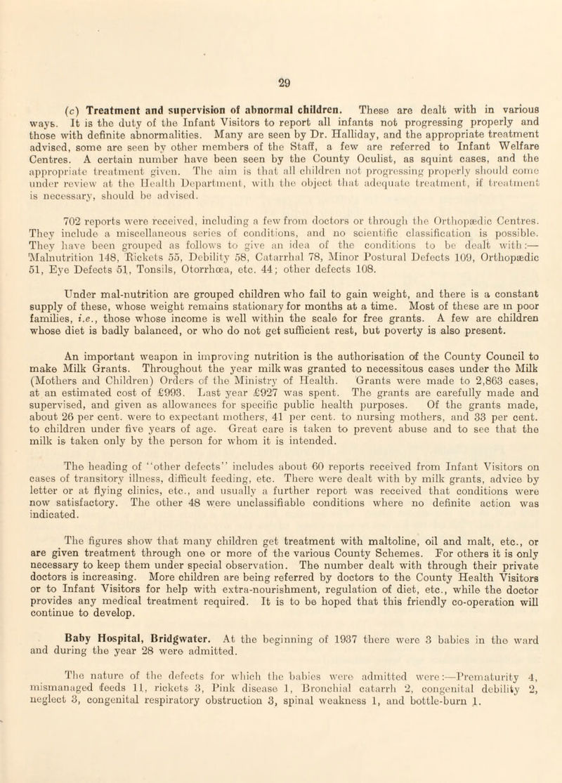 (c) Treatment and supervision of abnormal children. These are dealt with in various ways. It is the duty of the Infant Visitors to report all infants not progressing properly and those with definite abnormalities. Many are seen by Dr. Halliday, and the appropriate treatment advised, some are seen by other members of the Staff, a few are referred to Infant Welfare Centres. A certain number have been seen by the County Oculist, as squint cases, and the appro])riatc treatment given. Tlic aim is that all children not progressing pro])erly should come under review at the Health Department, with the object that adequate treatmeid., if treatment is necessary, should he advised. 702 reports were received, including a few from doctors or through the Orthopaedic Centres. They include a miscellaneous series of conditions, and no scientific classification is possible. They liave been grouped as follows to give an idea of the conditions to be dealt with:— 'iMalnutrition 148, Dickets 55, Debility 58, Catarrhal 78, Minor Postural Defects 100, Orthopaedic 51, Eye Defects 51, Tonsils, Otorrhcea, etc. 44; other defects 108. Under mal-nutrition are grouped children who fail to gain weight, and there is a constant supply of these, whose weight remains stationary for months at a time. Most of these are in poor famihes, i.e., those whose income is well within the scale for free grants. A few are children whose diet is badly balanced, or who do not get sufficient rest, but poverty is also present. An important weapon in improving nutrition is the authorisation of the County Council to make Milk Grants. Throughout the year milk was granted to necessitous cases under the Milk (Mothers and Children) Orders of the Ministry of Health. Grants were made to 2,863 cases, at an estimated cost of £993. Last year £927 was spent. The grants are carefully made and supervised, and given as allowances for specific public health purposes. Of the grants made, about 26 per cent, were to expectant mothers, 41 per cent, to nursing mothers, and 33 per cent, to children under five years of age. Great care is taken to prevent abuse and to see that the milk is taken only by the person for whom it is intended. The heading of “other defects’’ includes about 60 reports received from Infant Visitors on cases of transitory illness, difficult feeding, etc. There were dealt with by milk grants, advice by letter or at flying clinics, etc., and usually a further report was received that conditions were now satisfactory. The other 48 w;er6 uuclassifiable conditions where no definite action was indicated. The figures show that many children get treatment with maltoline, oil and malt, etc., or are given treatment through one or more of the various County Schemes. For others it is only necessary to keep them under special observation. The number dealt with through their private doctors is increasing. More children are being referred by doctors to the County Health Visitors or to Infant Visitors for help with extra-nourishment, regulation of diet, etc., while the doctor provides any medical treatment required. It is to be hoped that this friendly co-operation will continue to develop. Baby Hospital, Bridgwater. At the beginning of 1937 there were 3 babies in the ward and during the year 28 were admitted. The nature of the defects foi' which the babies were admitted were:—Lrematurity 4, mismanaged feeds 11, rickets 3, Pink disease 1, Bronchial catarrh 2, congenital debility 2, neglect 3, congenital respiratory obstruction 3, spinal weakness 1, and bottle-burn 1.