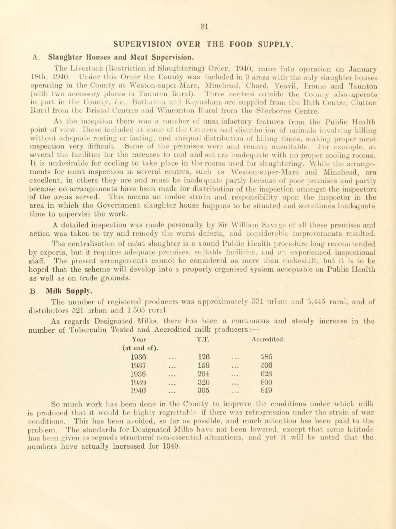 SUPERVISION OVER THE FOOD SUPPLY. A. Slaughter Houses and Meat Supervision. The Livestock (Restriction of Slaughtering) Order, 1940, came into operation on January 18th, 1940. Under this Order the County was included in 9 areas with tlie only slaughter houses operating in the County at Weston-super-Mare, Minehead, Chard, Yeovil, Frome and Taunton (with two accessory places in Taunton Rural). Three centres outside the County also ..operate in part in the County, i.e., Bathavi ;i an 1 Keynsham are supplied from the Bath Centre, Clutton Rural from the Bristal Centres and Wincanton Rural from the Sherborne Centre. At the inception there was a number of unsatisfactory features from the Public Health point of view. These included at some of the Centres bad distribution of animals involving killing without adequate resting or fasting, and unequal distribution of killing times, making proper meat inspection very difficult. Some of the premises were and remain unsuitable. Pur example, at several the facilities for the carcases to cool and set are inadequate with no proper cooling rooms. It is undesirable for cooling to take place in the rooms used for slaughtering. While the arrange¬ ments for meat inspection in several centres, such as Weston-super-Mare and Minehead, are excellent, in others they are and must be inadequate partly because of poor premises and partly because no arrangements have been made for distribution of the inspection amongst the inspectors of the areas served. This means an undue strain and responsibility upon the inspector in the area in which the Government slaughter house happens to be situated and sometimes inadequate time to supervise the work. A detailed inspection was made personally by Sir William Savage of all these premises and action was taken to try and remedy the worst defects, and considerable improvements resulted. The centralisation of meat slaughter is a sound Public Health procedure long recommended by experts, but it requires adequate premises, suitable facilities, and an experienced inspectional staff. The jwesent arrangements cannot be considered as more than makeshift, but it is to be hoped that the scheme will develop into a properly organised system acceptable on Public Health as well as on trade grounds. B. Milk Supply. The number of registered producers was approximately 331 urban and 6,445 rural, and of distributors 521 urban and 1,505 rural. As regards Designated Milks, there has been a continuous and steady increase in the number of Tuberculin Tested and Accredited milk producers:— Year T.T. Accredited. (at end of). 1936 126 285 1937 159 ... 506 1938 264 . . . 623 1939 320 800 1940' 305 849 So much work has been done in the County to improve the conditions under which milk is produced that it would be highly regrettable if there was retrogression under the strain of war conditions. This has been avoided, so far as possible, and much attention has been paid to the problem. The standards for Designated Milks have not been lowered, except that some latitude has been given as regards structural non-essential alterations, and yet it will be noted that the numbers have actually increased for 1940.