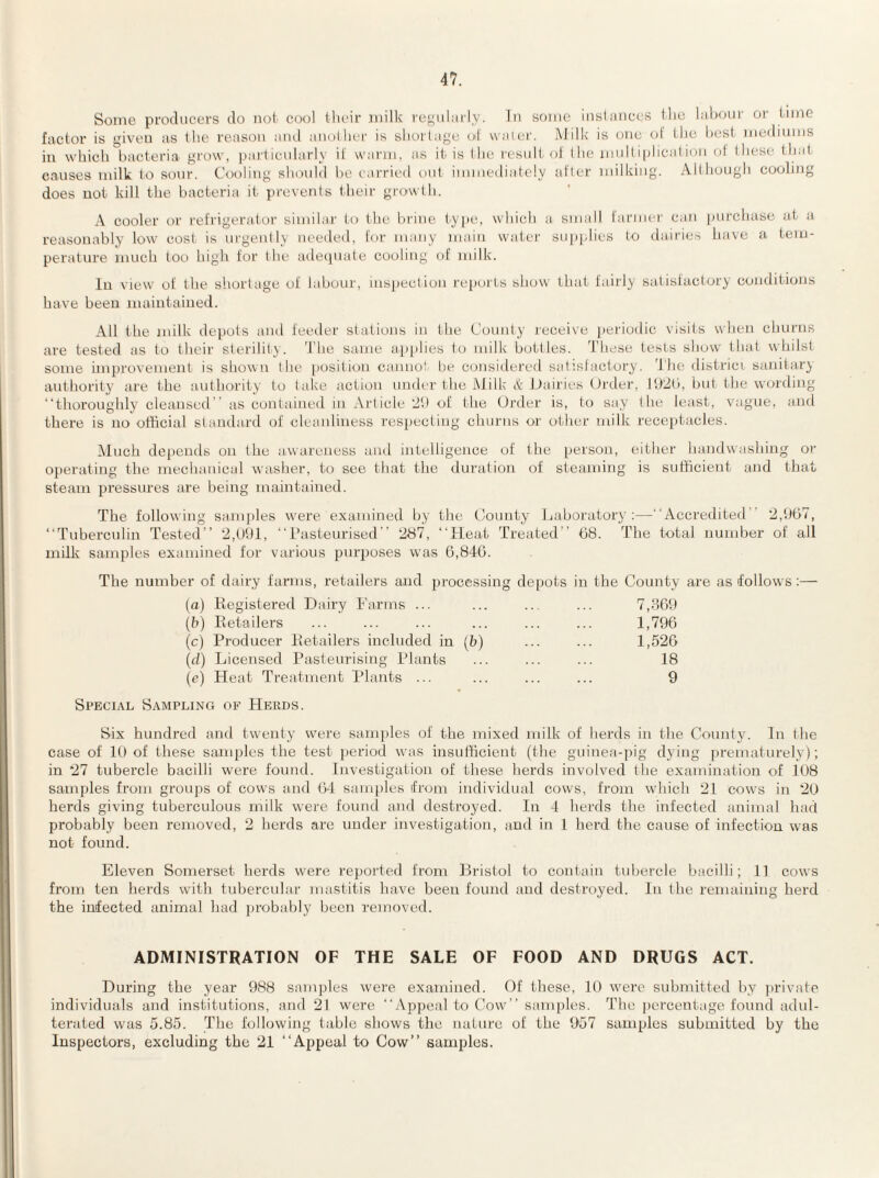 Some pi'oelucei'S do not cool their iiiill< regiiliirly. In some instances the lahoiir or lime factor is given as the reason and anolher is shortage of waiei'. Milk is one (h the hesi inediiims in which l)acteria grow, i.)articularly it waian, as it is the residt oJ the nmll iplical inn (jt these that causes milk to sour. Cooling should he t arried tail immediately after milking. Although cooling does not kill the bacteria it prevents tkeir growth. cooler or refrigerator similar to tihe brine, type, which a small larmer c.iti purchase tit a reasonably low cost is urgently needed, lor many nitiiu water sujiplies to dtiiries htive a tem¬ perature much too high tor the adeipiate cooling of milk. lu view ot the shortage of hihour, inspection reports show tluit fairly stitistactory conditions have been maintained. All the milk depots and feeder stations in the County receive periodic visits when churns are tested as to their sterility . 'J’he same ajiplies to milk bottles. 'I’hese tests show that whilst some improvement is shown the position cannot be considercfl satisfactory, d'he district sanitary authority are the authority to take action niuU'r the Milk & JJairies Oriler, Ib^b, hut the wording “thoroughly cleansed ’ as contained in Article 2tt of the Order is, to say tht; least, vague, anti there is no official standard of cleanliness respecting churns or other milk receptacles. Much depends on the awareness and intelligence of the person, either handwashing or operating the mechanical washer, to see that the duration of steaming is sufficient and that steam pressures are being maintained. The following samples were examined by the Comity Laboratory:—“Accredited ’ ‘2,Ub7, “Tuberculin Tested’’ 2,091, “Pasteurised” 287, “Heat Treated’’ 08. The total number of all milk samples examined for various purposes was 6,840. The number of dairy farms, retailers and processing depots in the County are as follows;— (a) Registered Dairy Farms ... ... ... ... 7,369 (b) Retailers ... ... ... ... ... ... 1,796 (c) Producer Retailers included in (b) ... ... 1,526 (d) Licensed Pasteurising Plants ... ... ... 18 (e) Heat Treatment Plants ... ... ... ... 9 Special Sampling oe Herds. Six hundred and twenty were samples of the mixed milk of herds in the County. In the case of 10 of these samples the test period was insufficient (the guinea-pig dying prematurely); in 27 tubercle bacilli were found. Investigation of these herds involved tlie examination of 108 samples from groups of cow's and 64 samples from individual cows, from wdiich 21 cow's in 20 herds giving tuberculous milk were found and destroyed. In 4 herds the infected animal had probably been removed, 2 herds are under investigation, and in 1 herd the cause of infection was not found. Eleven Somerset herds were reported from Bristol to contain tubercle bacilli; 11 cows from ten herds with tubercular mastitis have been found and destroyed. In the remaining herd the infected animal had probably been removed. ADMINISTRATION OF THE SALE OF FOOD AND DRUGS ACT. During the year 988 samples were examined. Of these, 10 were submitted by private individuals and institutions, and 21 were “Appeal to Cow'” samples. The percentage found adul¬ terated was 5.85. The following fable shows the nature of the 957 samples submitted by the Inspectors, excluding the 21 “Appeal to Cow’’ samples.