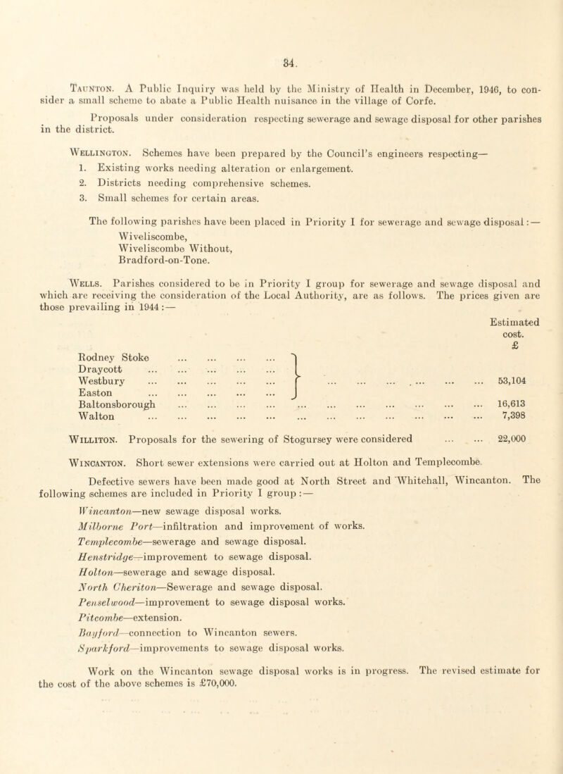 Taunton. A Public Inquiry was held by the Ministry of Health in December, 1946, to con¬ sider a small scheme to abate a Public Health nuisance in the village of Corfe. Proposals under consideration respecting sewerage and sewage disposal for other parishes in the district. Wellington. Schemes have been prepared by the Council’s engineers respecting— 1. Existing works needing alteration or enlargement. 2. Districts needing comprehensive schemes. 3. Small schemes for certain areas. The following parishes have been placed in Priority I for sewerage and sewage disposal: — Wiveliscombe, Wiveliscombe Without, Bradford-on-Tone. Wells. Parishes considered to be in Priority I group for sewerage and sewage disposal and which are receiving the consideration of the Local Authority, are as follow's. The prices given are those prevailing in 1944: — Rodney Stoke Draycott Westbury Easton Baltonsborough Walton Estimated cost. £ 53,104 16,613 7,398 Williton. Proposals for the sewering of Stogursey were considered . 22,000 Wincanton. Short sewer extensions wrere carried out at Holton and Templecombe. Defective sewers have been made good at North Street and Whitehall, W incanton. The following schemes are included in Priority I group : — If7incanton—new sewage disposal works. Milborne Port—infiltration and improvement of works. Templecombe—sewerage and sewage disposal. Henstridge—improvement to sewage disposal. Holton—sewerage and sewage disposal. North Cheriton—Sewerage and sewage disposal. Penselwood—improvement to sewage disposal works. Pitcombe—extension. Bayford—connection to Wincanton sewers. Sparkford—improvements to sewage disposal works. Work on the Wincanton sewage disposal works is in progress. The revised estimate for the cost of the above schemes is £70,000.