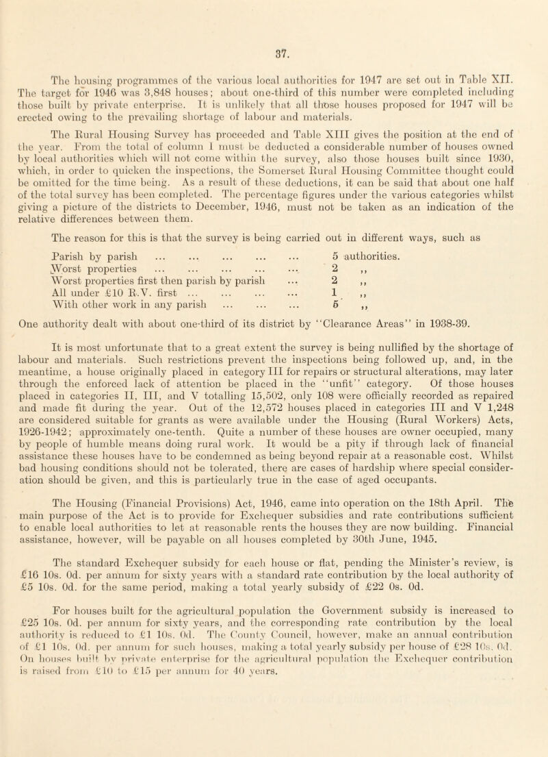The housing programmes of the various local authorities for 1947 are set out in Table XII. The target for 1946 was 3,848 houses; about one-third of this number were completed including those built by private enterprise. It is unlikely that all those houses proposed for 1947 will be erected owing to the prevailing shortage of labour and materials. The Rural Housing Survey has proceeded and Table XIII gives the position at the end of the year. From the total of column 1 must be deducted a considerable number of houses owned by local authorities which will not come within the survey, also those houses built since 1930, which, in order to quicken the inspections, the Somerset Rural Housing Committee thought could be omitted for the time being. As a result of these deductions, it can be said that about one half of the total survey has been completed. The percentage figures under the various categories whilst giving a picture of the districts to December, 1946, must not be taken as an indication of the relative differences between them. The reason for this is that the survey is being carried out in different ways, such as Parish by parish .Worst properties Worst properties first then parish by parish All under £10 R.V. first ... With other work in any parish 5 authorities. 2 2 „ 1 5 ,, One authority dealt with about one-third of its district by “Clearance Areas’’ in 1938-39. It is most unfortunate that to a great extent the survey is being nullified by the shortage of labour and materials. Such restrictions prevent the inspections being followed up, and, in the meantime, a house originally placed in category III for repairs or structural alterations, may later through the enforced lack of attention be placed in the “unfit’’ category. Of those houses placed in categories II, III, and V totalling 15,502, only 108 were officially recorded as repaired and made fit during the year. Out of the 12,572 houses placed in categories III and V 1,248 are considered suitable for grants as were available under the Housing (Rural Workers) Acts, 1926-1942; approximately one-tenth. Quite a number of these houses are owner occupied, many by people of humble means doing rural work. It would be a pity if through lack of financial assistance these houses have to be condemned as being beyond repair at a reasonable cost. Whilst bad housing conditions should not be tolerated, there are cases of hardship where special consider¬ ation should be given, and this is particularly true in the case of aged occupants. The Housing (Financial Provisions) Act, 1946, came into operation on the 18th April. The main purpose of the Act is to provide for Exchequer subsidies and rate contributions sufficient to enable local authorities to let at reasonable rents the houses they are now building. Financial assistance, however, will be payable on all houses completed by 30th June, 1945. The standard Exchequer subsidy for each house or flat, pending the Minister’s review, is £16 10s. Od. per annum for sixty years with a standard rate contribution by the local authority of £5 10s. Od. for the same period, making a total yearly subsidy of £22 0s. Od. For houses built for the agricultural population the Government subsidy is increased to £25 10s. Od. per annum for sixty years, and the corresponding rate contribution by the local authority is reduced to £1 10s. Od. The County Council, however, make an annual contribution of £1 10s. Od. per annum for such houses, making a total yearly subsidy per house of £28 10s. Od. On houses built bv private enterprise for the agricultural population the Exchequer contribution is raised from £10 to £15 per annum for 40 years.