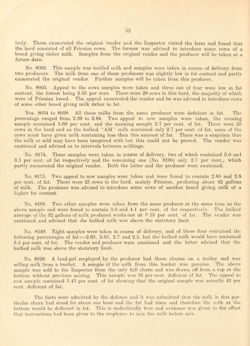 ively. These exonerated tlie original vendor and the Inspector visited the farm and found tliat the herd consisted of all Friesian cows. The farmer was advised to introduce some cows of a breed giving richer milk. Samples from the original vendor and the producer will be taken at a future date. No. 8002. This sample was bottled milk and samples were taken in course of delivery from two producers. The milk from one of these producers was slightly low in fat content and partly exonerated the original vendor. Further samples will be taken from this producer. No. 8005. Appeal to the cows samples were taken and three out of four were low in fat content, the lowest being 2.35 per cent. There were 29 cows in this herd, the majority of which were of Friesian breed. The appeal exonerated the vendor and he was advised to introduce cows of some other breed giving milk richer in fat. Nos. 8054 to 8058. All these milks from the same producer were deficient , in fat. The percentage ranged from 2.39 to 2.84. Two appeal to cow samj^les were taken, the evening sample contained 3.69 per cent, and the morning sample 2.7 per cent, of fat. There were 23 COW'S in the herd and as the bulked “AM” milk contained only 2.7 per cent, of fat, some of the COW'S must have given milk containing less than this amount of fat. There was a suspicion that the milk as sold may have been tampered with but this could not be proved. The vendor was cautioned and advised as to intervals between milkings. No. 8174. Three samples were taken in course of delivery, two of which contained 3.0 and 3.1 per cent, of fat respectively and the remaining one (No. 8190) only 2.7 per cent., which partly exonerated the original vendor. Both the latter and the producer were cautioned. No. 8175. Two appeal to cow samples were taken and were found to contain 2.85 and 2.6 per cent, of fat. There were 25 cows in the herd, mainly Friesian, producing about 42 gallons of milk. ,The producer was advised to introduce some cows of another breed giving milk of a higher fat content. No. 8181. Two other samples were taken from the same producer at the same time as the above sample and were found to contain 3.0 and 4.1 per cent, of fat respectively. Tlie bulked average of the 32 gallons of milk produced works out at 13 per cent, of fat. The vendor was cautioned and advised that die bulked milk was above the statutory limit. No. 8249. Eight samples were taken in course of delivery, and of these four contained the follow'ing percentages of fat:—2.65, 2.65, 2.7 and 2.5, but the bulked milk w'ould have contained 3.5 per cent, of fat. The vendor and producer were cautioned and the latter advised that the bulked milk was above the statutory limit. No. 8529. A land-girl employed by the producer had three churns on a trolley and was selling milk from a bucket. A sample of the milk from this bucket was genuine. The above sample was sold to the Inspector from the only full churn and was drawn off from a tap at the bottom without previous mixing. This sample was 35 per cent, deficient of fat. The appeal to cow sample contained 3.43 per cent, of fat showing that the original sample was actually 43 jier cent, deficient of fat. The facts were admitted by the defeuc-o and it was submitted tliat ilie milk in this par¬ ticular churn had stood for about one hour and the fat had risen and therefore the milk at the bottom would be deficient in fat. This is undoubtedly true and evidence was given to the effect that instructions had been given to the employee to ndx the milk' before sale.
