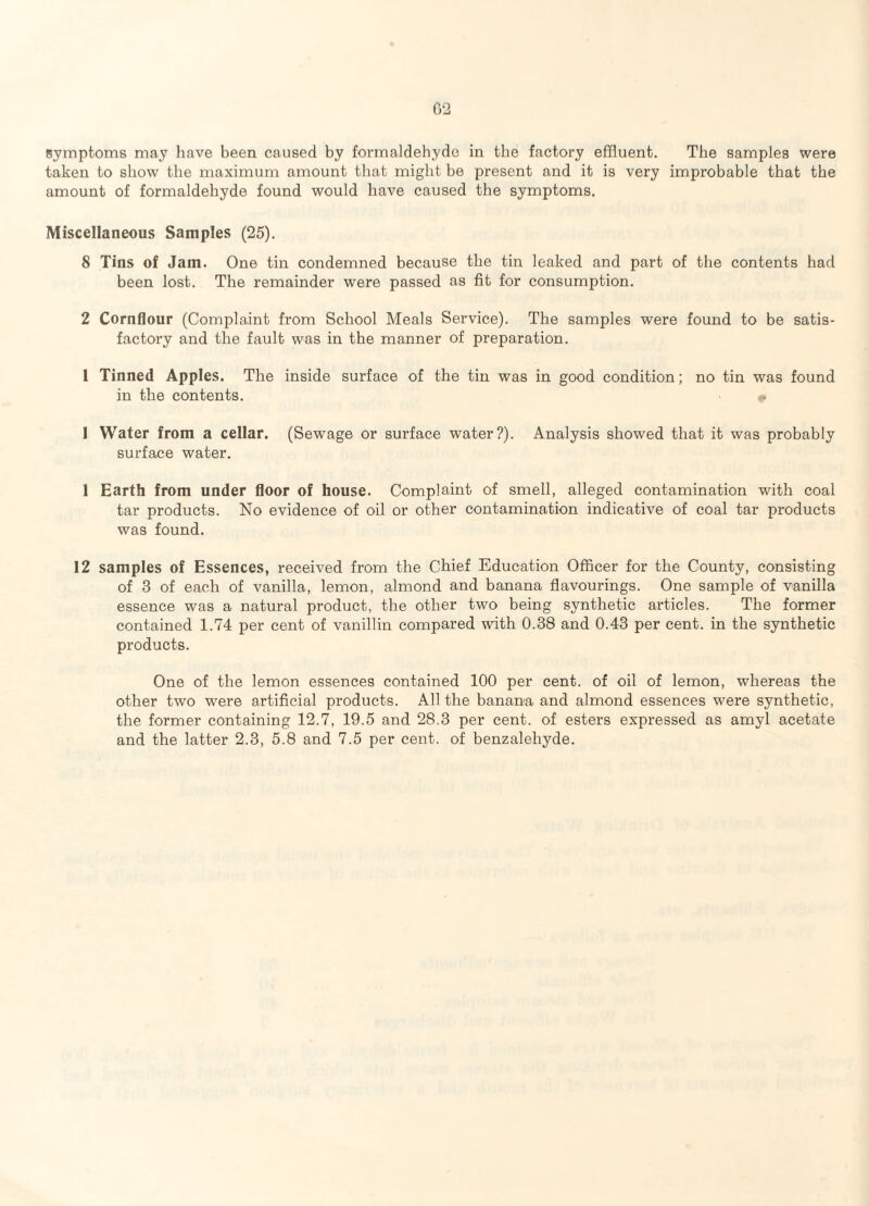 02 symptoms may have been caused by formaldehyde in the factory effluent. The samples were taken to show the maximum amount that might be present and it is very improbable that the amount of formaldehyde found would have caused the symptoms. Miscellaneous Samples (25). 8 Tins of Jam. One tin condemned because the tin leaked and part of the contents had been lost. The remainder were passed as fit for consumption. 2 Cornflour (Complaint from School Meals Service). The samples were found to be satis¬ factory and the fault was in the manner of preparation. 1 Tinned Apples. The inside surface of the tin was in good condition; no tin was found in the contents. 1 Water from a cellar, (Sewage or surface water?). Analysis showed that it was probably surface water. 1 Earth from under floor of house. Complaint of smell, alleged contamination with coal tar products. No evidence of oil or other contamination indicative of coal tar products was found. 12 samples of Essences, received from the Chief Education Officer for the County, consisting of 3 of each of vanilla, lemon, almond and banana flavourings. One sample of vanilla essence was a natural product, the other two being synthetic articles. The former contained 1.74 per cent of vanillin compared with 0.38 and 0.43 per cent, in the synthetic products. One of the lemon essences contained 100 per cent, of oil of lemon, whereas the other two were artificial products. All the banana and almond essences were synthetic, the former containing 12.7, 19.5 and 28.3 per cent, of esters expressed as amyl acetate