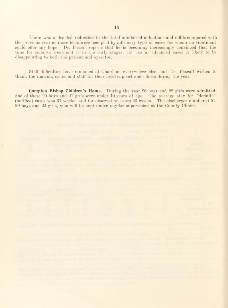 Tliere was a decided reduction in the total number of inductions and refills compared with the previous year as more beds were occupied by infirmary type of cases for whom no treatment could offer any hope. Dr. Pascal] reports that he is becoming increasingly convinced that the time for colla])se treatment is in the early stages; its use in advanced cases is likely to be disappointing to both the j)atient and opei'atoi'. Staff difficulties have remained at Chard as everywhere else, but Dr. Pascall wishes to thank the matron, sister and staff for their loyal support and efforts during the year. Compton Bishop Children’s Home. During the year 26 boys and 22 girls were admitted, and of these 20 boys and 21 girls were under 10 years of age. The average stay for “definite” (notified) cases was 31 weeks, and for observation cases 23 weeks. The discharges numbered 51, 29 boys an,d 22 girls, who will be kept under regular supervision at the County Clinics.