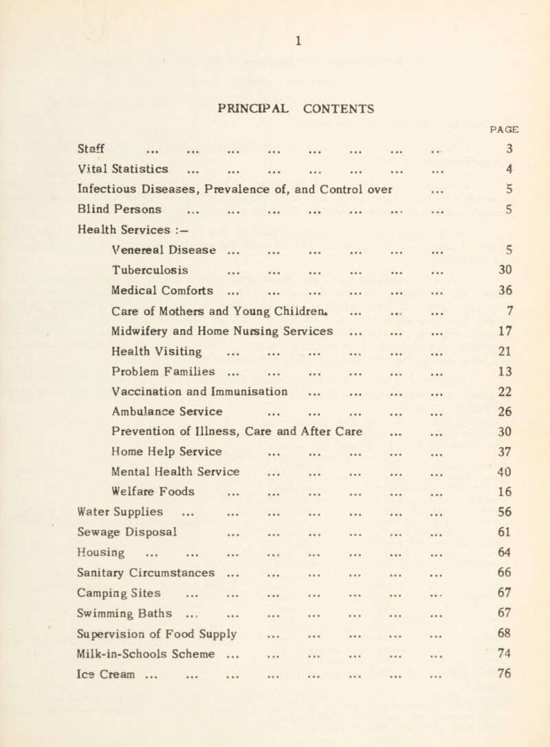 PRINCIPAL CONTENTS St 3—f ••• ••• ••• ••• « Vital Statistics Infectious Diseases, Prevalence of, and Control Blind Persons Health Services : — Venereal Disease ... Tuberculosis Medical Comforts ... Care of Mothers and Young Children* Midwifery and Horae Nursing Services Health Visiting Problem Families ... Vaccination and Immunisation Ambulance Service Prevention of Illness, Care and After Care Home Help Service Mental Health Service Welfare Foods Water Supplies Sewage Disposal H ousing ... ... ... ... ... . Sanitary Circumstances ... ^)am pmgSites ... ... ... ... . Swimming Baths Supervision of Food Supply Milk-in-Schools Scheme ... Ice ^)ream ... ... ... ... ... . over PAGE 3 4 5 5 5 30 36 7 17 21 13 22 26 30 37 40 16 56 61 64 66 67 67 68 74 76
