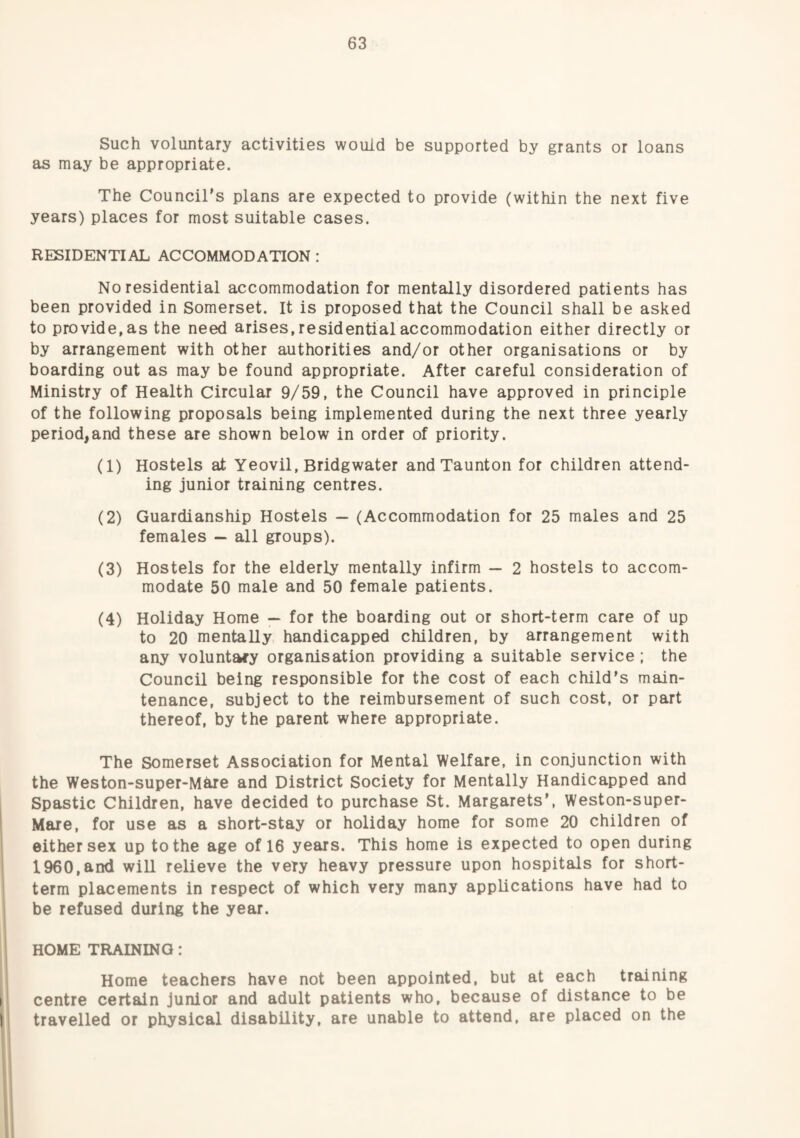 Such voluntary activities would be supported by grants or loans as may be appropriate. The Council's plans are expected to provide (within the next five years) places for most suitable cases. RESIDENTIAL ACCOMMODATION : No residential accommodation for mentally disordered patients has been provided in Somerset. It is proposed that the Council shall be asked to provide, as the need arises, residential accommodation either directly or by arrangement with other authorities and/or other organisations or by boarding out as may be found appropriate. After careful consideration of Ministry of Health Circular 9/59, the Council have approved in principle of the following proposals being implemented during the next three yearly period,and these are shown below in order of priority. (1) Hostels at Yeovil, Bridgwater and Taunton for children attend¬ ing junior training centres. (2) Guardianship Hostels — (Accommodation for 25 males and 25 females — all groups). (3) Hostels for the elderly mentally infirm — 2 hostels to accom¬ modate 50 male and 50 female patients. (4) Holiday Home -- for the boarding out or short-term care of up to 20 mentaUy handicapped children, by arrangement with any voluntary organisation providing a suitable service ; the Council being responsible for the cost of each child's main¬ tenance, subject to the reimbursement of such cost, or part thereof, by the parent where appropriate. The Somerset Association for Mental Welfare, in conjunction with the Weston-super-Mare and District Society for Mentally Handicapped and Spastic Children, have decided to purchase St. Margarets', Weston-super- Mare, for use as a short-stay or holiday home for some 20 children of either sex up to the age of 16 years. This home is expected to open during 1960,and wiU relieve the very heavy pressure upon hospitals for short¬ term placements in respect of which very many applications have had to be refused during the year. HOME TRAINING: Home teachers have not been appointed, but at each training centre certain junior and adult patients who, because of distance to be travelled or physical disability, are unable to attend, are placed on the