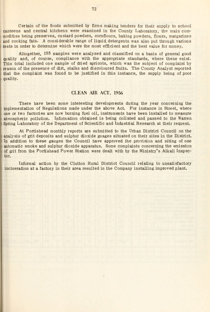 Certain of the foods submitted by firms making tenders for their supply to school canteens and central kitchens were examined in the County Laboratory, the main com¬ modities being preserves, custard powders, cornflours, baking powders, flours, margarines and cooking fats. A considerable range of liquid, detergents was also put through various tests in order to determine which were the most efficient and the best value for money. Altogether, 105 samples were analysed and classified on a basis of general good quality and, of course, compliance with the appropriate standards, where these exist. This total included one sample of dried apricots, which was the subject of complaint by reason of the presence of dirt, stalks and discoloured fruits. The County Analyst reported that the complaint was found to be justified in this instance, the supply being of poor quality. CLEAN AIR ACT, 1956 There have been some interesting developments during the year concerning the implementation of Regulations made under the above Act. For instance in Street, where one or two factories are now burning fuel oil, instruments have been installed to measure atmospheric pollution. Information obtained is being collated and passed to the Warren Spring Laboratory of the Department of Scientific and Industrial Research at their request. At Portishead monthly reports are submitted to the Urban District Council on the analysis of grit deposits and sulphur dioxide guages situated on their sites in the District. In addition to these gauges the Council have approved .the provision and siting of one automatic smoke and sulphur dioxide apparatus. Some complaints concerning the emission of grit from the Portishead Power Station were dealt with by the Ministry’s Alkali Inspec¬ tor. Informal action by the Clutton Rural District Council relating to unsatisfactory incineration at a factory in their area resulted in the Company installing improved plant.