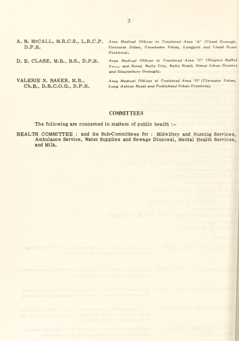 A« M« McCALLi, M>R<>C.S., Li.Ri.O.P, D.P.H. Area Medical Ollicer to Combined Area 'A' (Chard Borough, Ilminster Urban, Crewkeme Urban, Uengport and Chard Rural Districts), D. E. CLARE. M.B.. B.S., D.P.H. a rea Medical Ollicer to Combined Area ’C’ (Shepton Mallet Urua.i and Rural, ^ells City, H'ells Rural, Street Urban District end Glastonbury Dorough). VALERIE N. BAKER, M.B.. Ch.B<, D.R.C.O.G., D.P.H. Area Medical Ollicer to Combined Area ‘O' (Clevedon Urban, Long Ashton Rural and Portishead Urban Districts), COMMITTEES The following are concerned in matters of public health HEALTH COMMITTEE : and its Sub-Committees for : Midwifery and Nursing Services, Ambulance Service, Water Supplies and Sewage Disposal, Mental Health Services, and Milk.