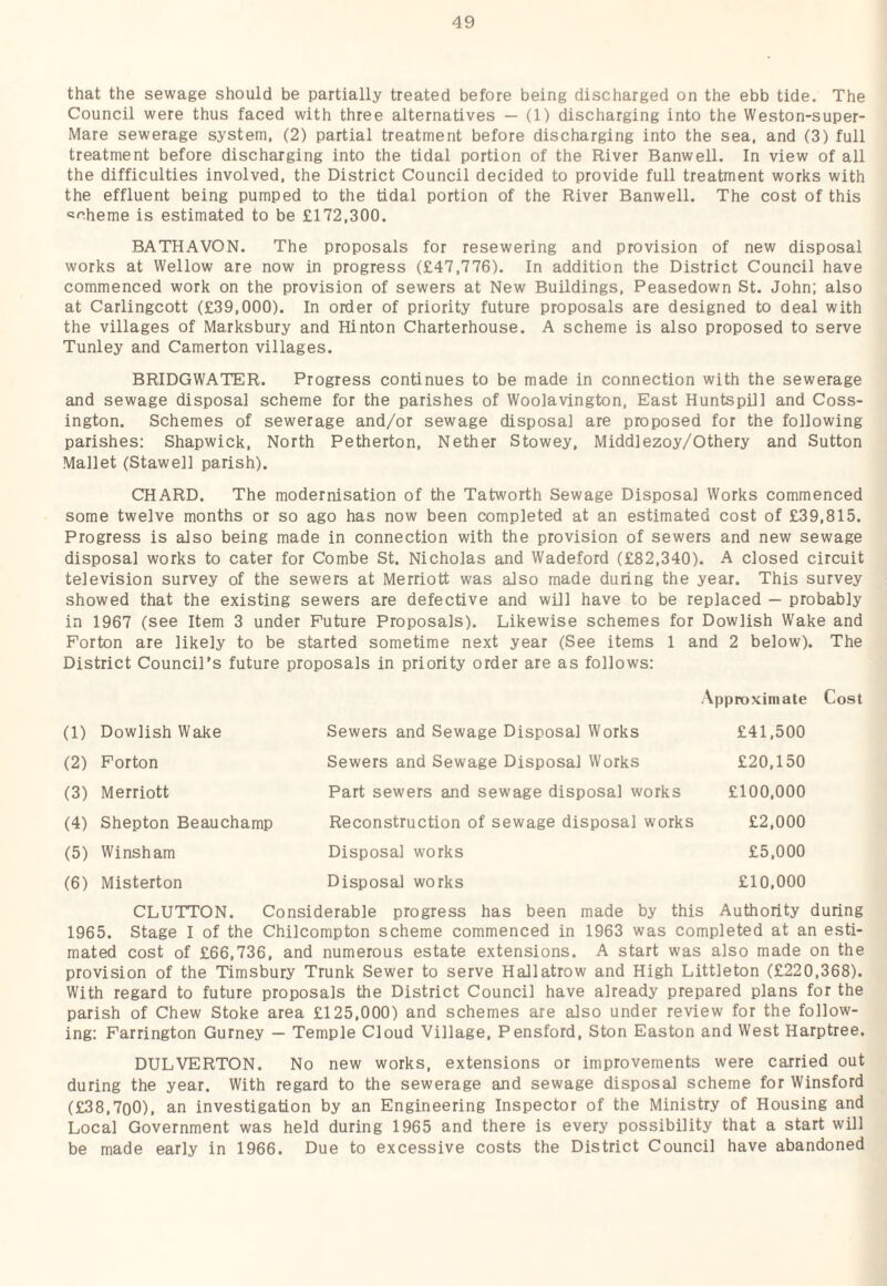 that the sewage should be partially treated before being discharged on the ebb tide. The Council were thus faced with three alternatives — (1) discharging into the Weston-super- Mare sewerage system, (2) partial treatment before discharging into the sea, and (3) full treatment before discharging into the tidal portion of the River Banwell. In view of all the difficulties involved, the District Council decided to provide full treatment works with the effluent being pumped to the tidal portion of the River Banwell. The cost of this scheme is estimated to be £172,300. BATHAVON. The proposals for resewering and provision of new disposal works at Wellow are now in progress (£47,776). In addition the District Council have commenced work on the provision of sewers at New Buildings, Peasedown St. John; also at Carlingcott (£39,000). In order of priority future proposals are designed to deal with the villages of Marksbury and Hinton Charterhouse. A scheme is also proposed to serve Tunley and Camerton villages. BRIDGWATER. Progress continues to be made in connection with the sewerage and sewage disposal scheme for the parishes of Woolavington, East Huntspill and Coss- ington. Schemes of sewerage and/or sewage disposal are proposed for the following parishes: Shapwick, North Petherton, Nether Stowey, Middlezoy/Othery and Sutton Mallet (Stawell parish). CHARD. The modernisation of the Tatworth Sewage Disposal Works commenced some twelve months or so ago has now been completed at an estimated cost of £39,815. Progress is also being made in connection with the provision of sewers and new sewage disposal works to cater for Combe St. Nicholas and Wadeford (£82,340). A closed circuit television survey of the sewers at Merriott was also made during the year. This survey showed that the existing sewers are defective and will have to be replaced — probably in 1967 (see Item 3 under Future Proposals). Likewise schemes for Dowlish Wake and Forton are likely to be started sometime next year (See items 1 and 2 below). The District Council’s future proposals in priority order are as follows: Approximate Cost (1) Dowlish Wake Sewers and Sewage Disposal Works £41,500 (2) Forton Sewers and Sewage Disposal Works £20,150 (3) Merriott Part sewers and sewage disposal works £100,000 (4) Shepton Beauchamp Reconstruction of sewage disposal works £2,000 (5) Winsham Disposal works £5,000 (6) Misterton Disposal works £10,000 CLUTTON. Considerable progress has been made by this Authority during 1965. Stage I of the Chilcompton scheme commenced in 1963 was completed at an esti- mated cost of £66,736, and numerous estate extensions. A start was also made on the provision of the Timsbury Trunk Sewer to serve Hallatrow and High Littleton (£220,368). With regard to future proposals the District Council have already prepared plans for the parish of Chew Stoke area £125,000) and schemes are also under review for the follow¬ ing: Farrington Gurney — Temple Cloud Village, Pensford, Ston Easton and West Harptree. DULVERTON. No new works, extensions or improvements were carried out during the year. With regard to the sewerage and sewage disposal scheme for Winsford (£38,7oO), an investigation by an Engineering Inspector of the Ministry of Housing and Local Government was held during 1965 and there is every possibility that a start will be made early in 1966. Due to excessive costs the District Council have abandoned