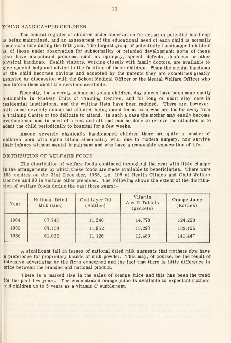 YOUNG HANDICAPPED CHILDREN The central register of children under observation for actual or potential handicap is being maintained, and an assessment of the educational need of each child is normally made sometime during the fifth year. The largest group of potentially handicapped children is of those under observation for subnormality or retarded development: some of these also have associated problems such as epilepsy, speech defects, deafness or other physical handicap. Health visitors, working closely with family doctors, are available to give special help and advice to the families of these children. When the mental handicap of the child becomes obvious and accepted by the parents they are sometimes greatly assisted by discussion with the School Medical Officer or the Mental Welfare Officer who can inform them about the services available. Recently, for severely subnormal young children, day places have been more easily obtainable in Nursery Units of Training Centres, and for long or short stay care in residential institutions, and the waiting lists have been reduced. There are, however, still some severely subnormal children being cared for at home who are too far away from a Training Centre or too delicate to attend. In such a case the mother may easily become overburdened and in need of a rest and all that can be done to relieve the situation is to admit the child periodically to hospital for a few weeks. Among severely physically handicapped children there are quite a number of children born with spina bifida abnormality who, due to modern surgery, now survive their infancy without mental impairment and who have a reasonable expectation of life. DISTRIBUTION OF WELFARE FOODS The distribution of welfare foods continued throughout the year with little change in the arrangements by which these foods are made available to beneficiaries. There were 188 centres on the 31st December, 1966, i.e. 108 at Health Clinics and Child Welfare Centres and 80 in various other premises. The following shows the extent of the distribu¬ tion of welfare foods during the past three years:— Year National Dried Milk (tins) Cod Liver Oil (Bottles) Vitamin A & D Tablets (packets) Orange Juice (Bottles) 1964 67,748 11,546 14,778 124,253 1965 67,158 11,952 13,297 132,155 1966 61,032 11,126 12,489 141,447 A significant fall in issues of national dried milk suggests that mothers nbw have a preference for proprietary brands of milk powder. This may, of course, be the result of intensive advertising by the firms concerned and the fact that there is little difference in price between the branded and national product. There is a marked rise in the sales of orange juice and this has been the trend for the past few years. The concentrated orange juice is available to expectant mothers and children up to 5 years as a vitamin C supplement.