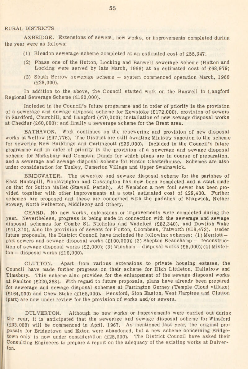 RURAL DISTRICTS AXBRIDGE. Extensions of sewers, new works, or improvements completed during the year were as follows: (1) Bleadon sewerage scheme completed at an estimated cost of £55,347; (2) Phase one of the Hutton, Locking and Banwell sewerage scheme (Hutton and Locking were served by late March, 1966) at an estimated cost of £68,979; (3) Sduth Borrow sewerage scheme — system commenced operation March, 1966 (£28,000). In addition to the above, the Council started work on the Banwell to Langford Regional Sewerage Scheme (£160,000). included in the Council's future programme and in order of priority is the provision of a sewerage and sewage disposal scheme for Kewstoke (£172,000), provision of sewers in Sandford, Churchill, and Langford (£70,000); installation of new sewage disposal works at Cheddar (£60,000); and finally a sewerage scheme for the Brent area. BATHAVON. Work continues on the re sewering and provision of new disposal works at Wellow (£47,776). The District are still awaiting Ministry sanction to the scheme for sewering New Buildings and Carlingcott (£39,000). Included in the Council's future prograjnme and in order of priority is the provision of a sewerage and sewage disposal scheme for M'arksbury and Compton Dando for which plans are in course of preparation, and a sewerage and sewage disposal scheme for Hinton Charterhouse. Schemes are also under consideration for Tunley, Camerton Village and Upper Swainswick. BRIDGWATER. The sewerage and sewage disposal scheme for the parishes of East Huntspill, Woolavington and Cossington has now been completed and a start made on that for Sutton Mallet (Stawell Parish). At Wembdon a new foul sewer has been pro¬ vided together with other improvements at a total estimated cost of £29,400. Further schemes are proposed and these are concerned with the parishes of Shapwick, Nether Stowey, North Petherton, Middlezoy and Othery. CHARD. No new works, extensions or improvements were completed during the year. Nevertheless, progress is being made in connection with the sewerage and sewage disposal schemes for Combe St. Nicholas and Wadeford (£82,340), and Dowlish Wake (£41,370), also the provision of sewers for Forton, Coombses, Tatworth (£18,473). Under future proposals, the District Council have included the following schemes: (1) Merriott — part sewers and sewage disposal works (£100,000); (2) Shepton Beauchamp — reconstruc¬ tion of sewage disposal works (£2,000); (3) Winsham — disposal works (£5,000); (4) Mister- ton — disposal works (£10,000). CLUTTON. Apart from various extensions to private housing estates, the Council have made further progress on their scheme for High Littleton, Hallatrow and Timsbury. This scheme also provides for the enlargement of the sewage disposal works at Paulton (£220,368). With regard to future proposals, plans have already been prepared for sewerage and sewage disposal schemes at Farrington Gurney (Temple Cloud village) (£164,000) and Chew Stoke (£165,000). Pensford, Ston Easton, West Harptree and Clutton (part) are now under review for the provision of works and/or sewers. DULVERTON. Although no new works or improvements were carried out during the year, it is anticipated that the sewerage and sewage disposal scheme for Winsford (£33,000) will be commenced in April, 1967. As mentioned last year, the original pro¬ posals for Bridgetown and Exton were abandoned, but a new scheme concerning Bridge¬ town only is now under consideration (£25,000). The District Council have asked their Consulting Engineers to prepare a report on the adequacy of the existing works at Dulver- ton.