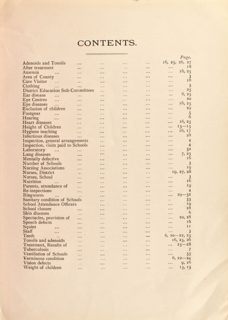 CONTENTS Adenoids and Tonsils After treatment Anaemia Area of County Care Visitor Clothing District Education Sub-Committees Ear disease Eye Centres Eye diseases Exclusion of children Footgear Hearing Heart diseases Height of Children Hygiene teaching Infectious diseases Inspection, general arrangements Inspection, visits paid to Schools Laboratory Lung diseases Mentally defective Number of Schools Nursing Associations Nurses, District Nurses, School Nutrition Parents, attendance of Re-inspections Ringworm Sanitary condition of Schools School Attendance Officers School closure Skin diseases Spectacles, provision of Speech defects Squint Staff Teeth .. ' Tonsils and adenoids Treatment, Results of Tuberculosis Ventilation of Schools Verminous condition Vision defects Weight of children Page. i6, 25, 26, 27 18 16,25 3 18 5 25 6, 25 20 ... 16, 25 29 5 6 16, 25 ... 13—15 16, 17 28 4 4 32 7. 25 ... 16 3 19 19. 27, 28 3 16 19 4 ... 29—32 33 19 28 6 ... 20, 28 16 II 3 6, 20—22, 25 16, 25, 26 ... 25—28 7 33 6, 22—24 9, 16 ... 13. 15