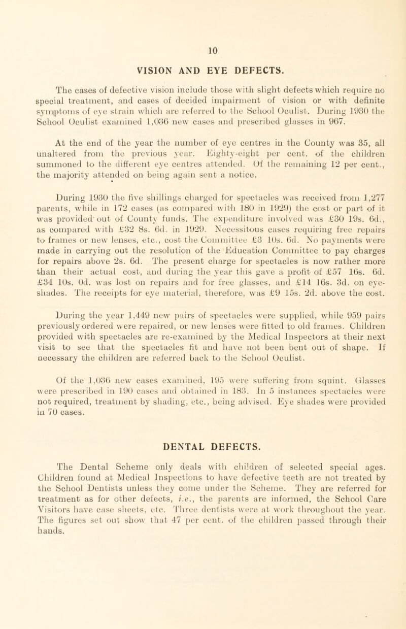 VISION AND EYE DEFECTS. The cases of defective vision include those with slight defects which require no special treatment, and cases of decided impairment of vision or with definite syniiptoms of eye strain which are referred to the School Oculist. During 1930 the School Oculist exaanined 1,03() new cases and ])rcscribed glasses in 9(>7. At the end of the year the number of eye centres in the County was 35, all unaltered from the ])revious year. Eighty-eight ])er cent, of the children summoned to the different eye centres attended. Of the remaining 12 per cent., the majority attended on being again sent a notice. During 1930 the li\'e shillings charged for spectacles was received from 1,277 parents, while in 172 cases (as comparetl with 180 in 1929) the cost or part of it was provided'out of County funds. The expaauliture iinolved was TffO 19s. (id., as compared with £32 Hs. (id. in 1929. Necessitous cases requiring free repairs to frames or new lenses, etc., cost the Committee t'o 10s. (id. No payments w'cre made in carrying out the resolution of the Education Committee to pay charges for repairs above 2s. 6d. The present charge for spectacles is now rather more than their actual cost, and during the year this gave a profit of T57 16s. fid. T34 lOs. Od. was lost on repairs and for free glasses, and Tiff Ifis. 3d. on eye- shades. The receipts for eye material, therefore, was i9 15s. 2d. above the cost. During the year 1,449 new pairs of spectacles were supplied, while 959 })air3 previously ordered were repaired, or new lenses were fitted to old frames. Children provided with spectacles are re-examined by the Medical Inspectors at their next visit to see that the spectacles fit and have mff been bent out of shape. If necessary the children arc referred back to the School Oculist. Of the l,()3fi new cases examined, 195 were suffering from squint. Classes were prescribed in ItK) cases and obtained in 183. In 5 instances spectacles were not required, treatment by shading, etc., being advisetl. Eye shades were provided in 7U cases. DENTAL DEFECTS. The Dental Scheme only deals w'ith children of selected special ages. Children found at iMedical Inspections to have defective teeth are not treated by the School Dentists unless they come under the Scheme. They are referred for treatment as for other detects, i.e., the j)arents are informed, the School Care Visitors have case sheets, etc. 3'hree dentists were at work throughout the year. The figures set out show that 47 i)er cent, of the chiklren passed through their hands.