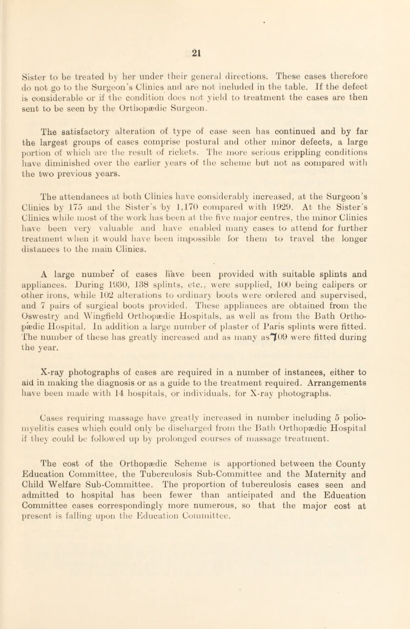 Sister to be treated 1)\ her under their general directions. These cases therefore do not go to the Surgeon's Clinics and ari;- not included in the table. If the defect is considerable or if the condition does not yield to treatment the cases are then sent to he seen by the Ortiio])a‘dic Surgeon. The satisfactory alteration of tyjie of case seen has continued and by far the largest groups of cases comprise postural and other minor defects, a large jiortiou of which are the result (.)f rickets. 'I'lie more serious crippling conrlitions have diminished over the earlier years of the scheme hut not as compared with the two previous year’s. The attendances at both Clinics have considerably increased, at the Surgeon’s Clinics by 175 and the Sister's by 1,170 compared with 10‘20. At the Sister's Clinics while most of the woi'k has been at the five ma.j<jr centres, the minor Clinics have been very valuable and have enabled many ca.ses to attend for further treatment w hen it would have been impossible for them to travel the longer distances to the main Clinics. A large number of cases have been provided with suitable splints and appliances. During 1030, 138 sjrlints, etc., were su[)plied, 100 being calipers or other irons, while 10’2 alterations to ordinary bouts were ordered and supervised, and 7 pairs of surgical boots provided. These appliances are obtained from the Oswestry and Wingdield Orthopaedic Hospitals, as well as from the Bath Ortho¬ pedic Hospital. In addition a large number of [)laster of Baris splints were fitted. The number of these has greatly increased and as many asTit^b were fitted during the year. X-ray photographs of cases are required in a number of instances, either to aid in making the diagnosis or as a guide to the treatment required. Arrangements have been made with 14 hospitals, or individuals, for X-ray photographs. Cases requiring massage have greatly increased in number including 5 polio¬ myelitis cases which could only be discharged from the Bath Orthopaedic Hospital if they could bi' folloAved up by |n'olonged courses of massage treatment. The cost of the Orthopaidic Scheme is apportioned between the County Plducation Committee, the Tuberculosis Sub-Committee and the Maternity and Child Welfare Sub-Committee. The proportion of tuberculosis cases seen and admitted to hospital has been fewer than anticipated and the Education Committee cases correspondingly iiiore numerous, so that the major cost at [)resent is falling upon the Education Committee.