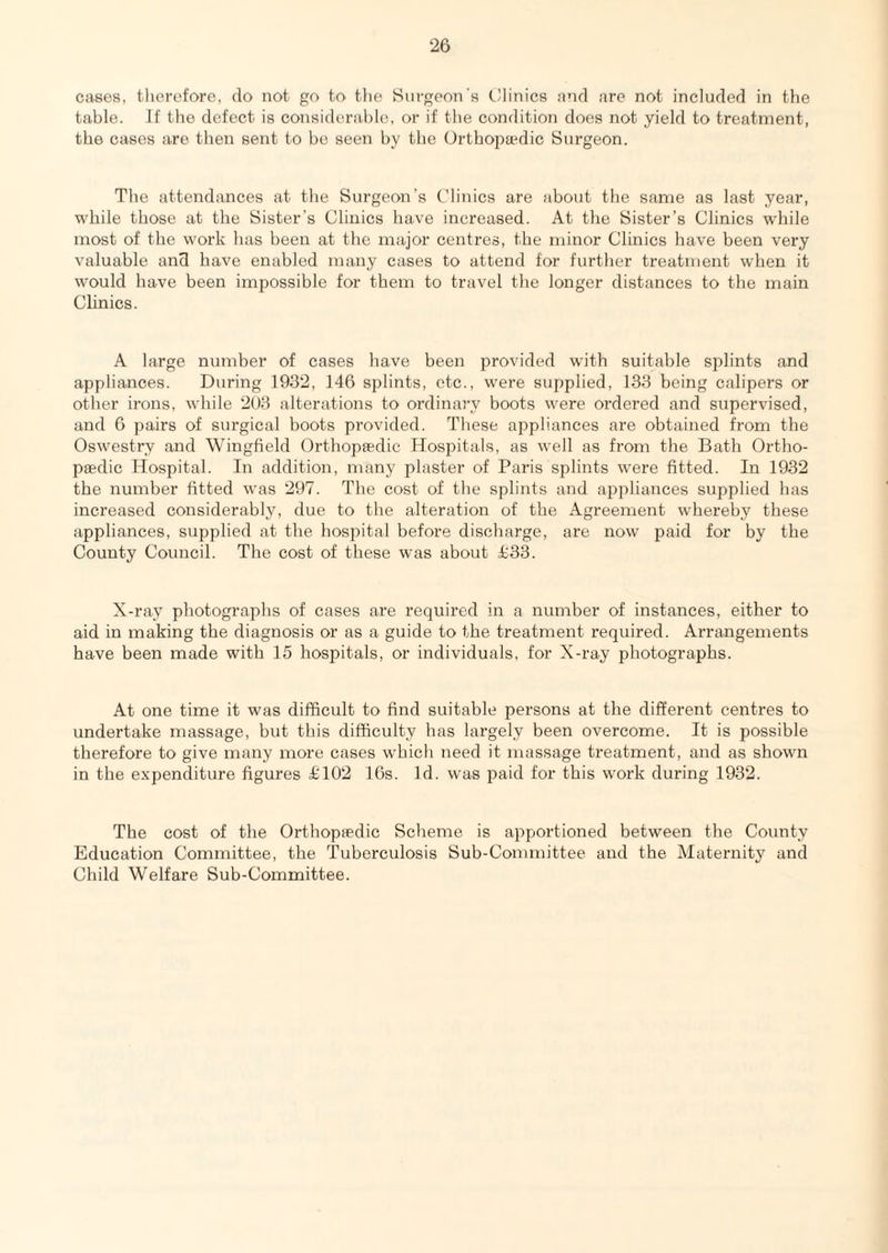 cases, therefore, do not go to the Surgeon's thinics !ind are not included in the table. If the defect is considerable, or it the condition does not yield to treatment, the cases are then sent to be seen by the Orthoi^a'dic Surgeon. The attendances at the Surgeon’s Clinics are about the same as last year, while those at the Sister’s Clinics have increased. At the Sister’s Clinics w’hile most of the work has been at the major centres, the minor Clinics have been very valuable and have enabled many cases to attend for further treatment when it would have been impossible for them to travel the longer distances to the main Clinics. A large number of cases have been provided with suitable splints and appliances. During 1932, 146 splints, etc., were supplied, 133 being calipers or other irons, while 203 alterations to ordinary boots were ordered and supervised, and 6 ])airs of surgical boots provided. These appliances are obtained from the Oswestry and Wingfield Orthops'dic Hospitals, as well as from the Bath Ortho¬ paedic Hospital. In addition, many plaster of Paris splints were fitted. In 1932 the number fitted was 297. The cost of the splints and appliances supplied has increased considerably, due to the alteration of the Agreement whereby these appliances, supplied at the hospital before discharge, are now paid for by the County Coimcil. The cost of these was about C33. X-ray photographs of cases are required in a number of instances, either to aid in making the diagnosis or as a guide to the treatment required. Arrangements have been made with 15 hospitals, or individuals, for X-ray photographs. At one time it was difficult to find suitable persons at the different centres to undertake massage, but this difficulty has largely been overcome. It is possible therefore to give many more cases which need it massage treatment, and as shown in the expenditure figures £102 16s. Id. was paid for this work during 1932. The cost of the Orthopiedic Scheme is apportioned between the County Education Committee, the Tuberculosis Sub-Committee and the Maternity and Child Welfare Sub-Committee.