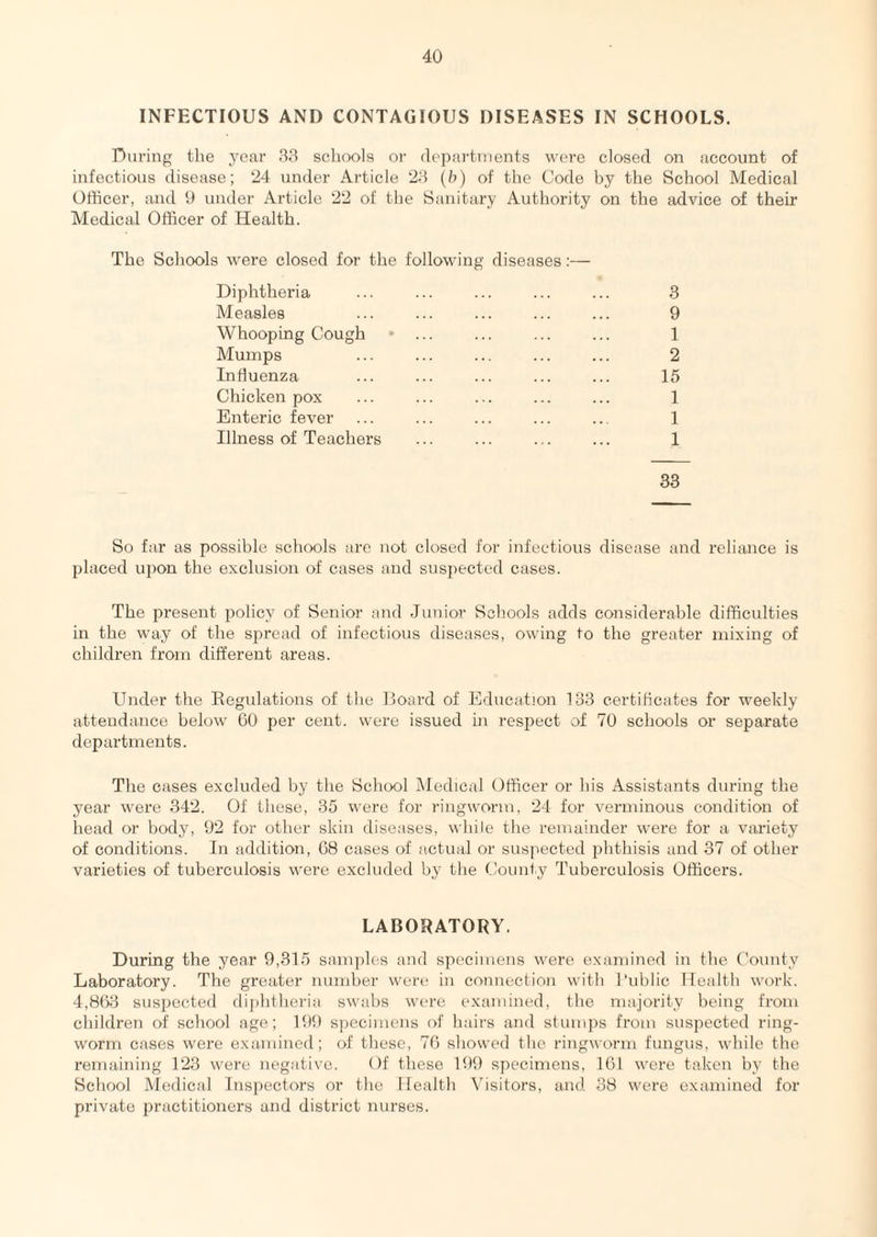INFECTIOUS AND CONTAGIOUS DISEASES IN SCHOOLS. During the year 83 schools or departnients were closed on account of infectious disease; ‘24 under Article ‘28 {h) of the Code by the School Medical Officer, and 9 under Article 22 of the Sanitary Authority on the advice of their Medical Officer of Health. The Schools were closed for the following diseases:— Diphtheria Measles Whooping Cough • ... Mumps Influenza Chicken pox Enteric fever Illness of Teachers 3 9 1 2 15 1 1 1 33 So far as possible schools are not closed for infectious disease and reliance is placed u2)on the exclusion of cases and sus])ected cases. The present policy of Senior and Junior Schools adds considerable difficulties in the way of the sjn'ead of infectious diseases, owing to the greater mixing of children from different areas. Under the Regulations of the Hoard of Education 133 certificates for weekly attendance below 60 per cent, were issued in resi)ect of 70 schools or separate departments. The cases excluded by the School Medical Officer or his Assistants during tlie year were 342. Of these, 35 were for ringworm, 24 for verminous condition of head or body, 92 for other skin diseases, while the remainder were for a variety of conditions. In addition, 08 cases of actual or suspected ^^hthisis and 37 of other varieties of tuberculosis were excluded by the tJounfy Tuberculosis Officers. LABORATORY, During the year 9,315 samples and specimens were examined in the (’ouuty Laboratory. The greater number were in connection with Tublic Health work. 4,863 suspected diphtheria swabs were examined, the majority being from children of school age; 19{) specimens of hairs and stumjis from suspected ring¬ worm cases were examined; of these, 76 showed the ringworm fungus, while the remaining 123 were negative. Of these 199 specimens, 161 were taken by the School Medical Insjiectors or the llealtli Visitors, and 38 were examined for private practitioners and district nurses.