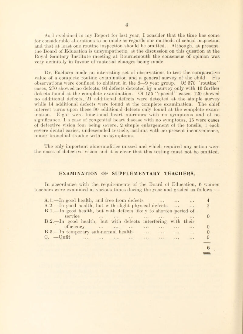 As 1 (jxplaiuL'd in iny iicport for last year, 1 consider that the time has come for consiilerable alterations to be made as regards our methods of school inspection and that at least one roidine inspection should be omitted. Although, at present, the Board of Education is unsympathetic, at the discussion on this question at the Boyal Sanitary Institute meeting at Bournemouth the consensus of opinion was very definitely in favour of material changes being made. l)r. Baeburn made an interesting set of observations to test the comparative value of a complete routine examination and a general survey of the child. His observations were confined to children in the 8—9 year grouj^. Of 370 “routine” cases, ‘270 showed no defects, 84 defects detected by a survey only with 16 further defects found at the conqrlete examination. Of 155 “special” cases, 120 showed no additional defects, 21 additional defects were detected at the simple survey while 14 additional detects were found at the complete examination. The chief interest turns upon these 30 additional defects only found at the complete exam¬ ination. Eight were functional heart murmurs with no symptoms and of no significance, 1 a case of congenital heart disease with no symjrtoms, 15 were cases of defective vision four being severe, 2 simple enlargement of the tonsils, 1 each severe dental caries, nndescended testicle, asthma with no jrresent inconvenience, minor bronchial trouble with no symptoms. The only inq)ortant abnormalities missed and which required any action were the cases of defective vision and it is clear that this testing must not be omitted. EXAMINATION OF SUPPLEMENTARY TEACHERS. In accordance with the requirements of the Board of Education, 6 women teachers were examined at various times during the year and graded as follows;— A.l.—In good health, and free from defects ... ... ... 4 A. 2.—In good health, hut with slight physical defects ... ... 2 B. l.—In good health, but with defects likely to shorten period of service ... ... ... ... ... ... ... 0 B.2.—In good health, but with defects interfering with their efficiency ... ... ... ... ... ... ... 0 B. 3.—In temporary sub-normal health ... ... ... ... 0 C. —Unfit ... ... ... ... ... ... ... ... 0 6