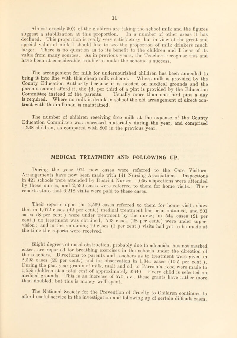 Almost exactly 50% of tho children are taking the school milk and the figures suggest a stabilization at this proportion. In a number of other areas it has declined. This proportion is really very satisfactory, but in view of the great and special value of milk I should like to see the proportion of milk drinkers much larger. There is no question as to its benefit to the children and I hear of its value from many sources. As in previous years, the Teachers recognise this and have been at considerable trouble to make the scheme a success. The arrangement for milk for undernourished children has been amended to bring it into line with this cheap milk scheme. Where milk is provided by the County Education Authority because it is needed on medical grounds and the parents cannot afford it, the |d. per third of a pint is provided by the Education Committee instead of the parents. Usually more than one-third pint a day is required. Where no milk is drunk in school the old arrangement of direct con¬ tract with the milkman is maintained. The number of children receiving free milk at the expense of the County Education Committee was increased materially during the year, and comprised 1,338 children, as compared with 809 in the previous year. MEDICAL TREATMENT AND FOLLOWING UP. During the year 974 new cases were referred to the Care Visitors. Arrangements have now been made with 141 Nursing Associations. Inspections in 421 schools were attended by District Nurses, 1,056 inspections were attended by these nurses, and 2,539 cases were referred to them for home visits. Then- reports state that 6,218 visits were paid to these cases. Their reports upon the 2,539 cases referred to them for home visits show that in 1,072 cases (42 per cent.) medical treatment has been obtained, and 201 cases (8 per cent.) were under treatment by the nurse; in 544 cases (21 per cent.) no treatment was obtained; 703 cases (28 per cent.) were under super¬ vision; and in the remaining 19 cases (1 per cent.) visits had yet to be made at the time the reports were received. Slight degrees of nasal obstruction, probably due to adenoids, but not marked cases, are reported for breathing exercises in the schools under the direction of the teacheis. Directions to parents and teachers as to treatment were given in 2,593 cases (20 per cent.) and for observation in 1,341 cases (10.5 per cent.). During the past year grants ol milk, malt and oil, or Parrish’s Eood were made to 1,559 children at a total cost of approximately £640. Every child is selected on medical grounds. 4his is an increase of 570, i.e., these grants have rather more than doubled, but this is money well spent. The National Society for the Prevention of Cruelty to Children continues to afford useful service in the investigation and following up of certain difficult cases.