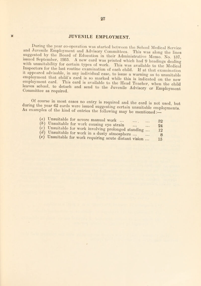 JUVENILE EMPLOYMENT. During the year co-operation was started between the School Medical Service and Juvenile Employment and Advisory Committees. This was along the lines suggested by the Board of Education in their Administrative Memo No 137 issued September, 1935. A new card was printed which had 9 headings dealing with unsuitability for certain types of work. This was available to the Medical Inspectors for the last routine examination of each child. If at that examination it appeared advisable in any individual case, to issue a warning as to unsuitable employment that child s card is so marked while this is indicated on the new employment card. This card is available to the Head Teacher, when the child leaves school, to detach and send to the Juvenile Advisory or Employment Committee as required. 1 J _ Of course in most cases no entry is required and the card is not used, but A™g i yeaJ f2 c.arda w„ere lssued suggesting certain unsuitable employments. As examples of the kind of entries the following may be mentioned:_ (a) Unsuitable for severe manual work. 32 (b) Unsuitable for work causing eye strain ... ... 24 \C)\ VTnSuitable ^or work involving prolonged standing ... 12 (■“) Unsuitable for work in a dusty atmosphere ... ... 8 (e) Unsuitable for work requiring acute distant vision ... 15