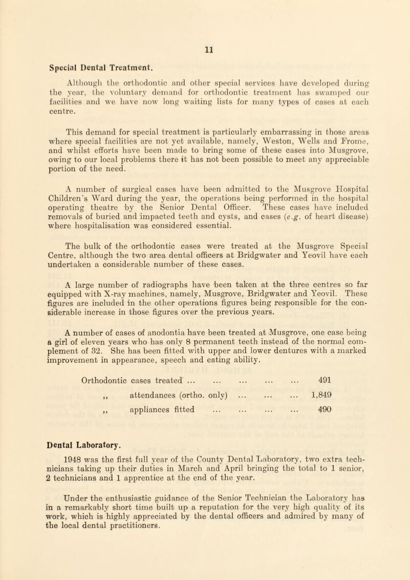 Special Dental Treatment. Altliougli tlie orthodontic and other special services have developed during the year, tlie voluntary demand for orthodontic treatment has swamped our facilities and we have now long waiting lists for many types of cases at each centre. This demand for special treatment is particularly embarrassing in those areas where special facilities are not yet available, namely, Weston, Wells and Frome, and whilst efforts have been made to bring some of these cases into Musgrove, owing to our local problems there it has not been possible to meet any appreciable portion of the need. A number of surgical cases have been admitted to the Musgrove Flospital Children’s Ward during the year, the operations being performed in the hospital operating theatre by the Senior Dental Officer. These cases have included removals of buried and impacted teeth and cysts, and cases {e.g. of heart disease) where hospitalisation was considered essential. The bulk of the orthodontic cases were treated at the Musgrove Special Centre, although the two area dental officers at Bridgwater and Yeovil have each undertaken a considerable number of these cases. A large number of radiographs have been taken at the three centres so fax- equipped with X-ray machines, namely, Musgrove, Bridgwater and Yeovil. These figures are included in the other operations figures being responsible for the con¬ siderable increase in those figures over the previous years. A number of cases of anodontia have been treated at Musgrove, one case being a girl of eleven years who has only 8 permanent teeth instead of the normal com¬ plement of 32. She has been fitted with upper and lower dentures with a marked improvement in appearance, speech and eating ability. 491 Orthodontic cases treated ... attendances (ortho, only) appliances fitted 1,849 490 Dental Laboratory. 1948 was the first full year of the County Dental Laboratory, two extra tech¬ nicians taking up their duties in March and April bringing the total to 1 senior, 2 technicians and 1 apprentice at the end of the year. Under the enthusiastic guidance of the Senior Technician the Laboratoi-y has in a remarkably short tiine built up a reputation for the very high quality of its work, which is highly appreciated by the dental officers and admii-ed by man)- of the local dental practitioners.