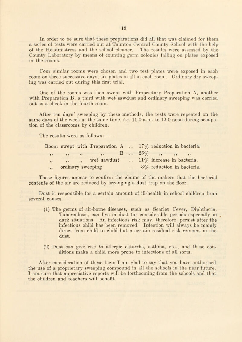 In order to be sure that these preparations did all that was claimed for them a series of tests were carried out at Taunton Central County School with the help of the Headmistress and the school cleaner. The results were assessed by the County Laboratory by means of counting germ colonies falling on plates exposed in the rooms. Four similar rooms were chosen and two test plates were exposed in each room on three successive days, six plates in all in each room. Ordinary dry sweep¬ ing was carried out during this first trial. One of the rooms was then swept with Proprietary Preparation A, another with Preparation B, a third with wet sawdust and ordinary sweeping was carried out as a check in the fourth room. After ten days’ sweeping by these methods, the tests were repeated on the same days of the week at the same time, i.e. 11.0 a.m. to 1'2.0 noon during occupa¬ tion of the classrooms by children. The results were as follows:— Boom swept with Preparation A >) »I > I )) 1^ ,, ,, ,, wet sawdust ,, ordinary sweeping 17% reduction in bacteria. OKo/ -'O /o ) ) I j ) ) 11% increase in bacteria. 3% reduction in bacteria. These figures appear to confirm the claims of the makers that the bacterial contents of the air are reduced by arranging a dust trap on the floor. Dust is responsible for a certain amount of ill-health in school children from several causes. (1) The germs of air-borne diseases, such as Scarlet Fever, Diphtheria, Tuberculosis, can live in dust for considerable periods especially in , dark situations. An infectious risk may, therefore, persist after the infectious child has been removed. Infection will always be mainly direct from child to child but a certain residual risk remains in the dust. (2) Dust can give rise to allergic catarrhs, asthma, etc., and these con¬ ditions make a child more prone to infections of all sorts. After consideration of these facts I am glad to say that you have authorised the use of a proprietary sweeping compound in all the schools in the near future. I am sure that appreciative reports will be forthcoming from the schools and that the children and teachers will benefit.