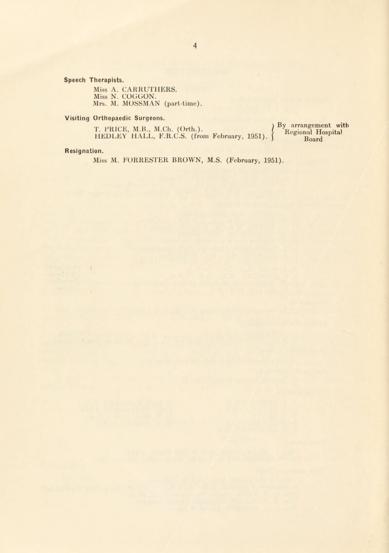 Speech Therapists. Miss A. CARRUTHERS. Miss N. COGGON. Mrs. M. MUSSMAN (part-time). Visiting Orthopaedic Surgeons. T. RRICE, M.B., M.Ch. (Orth.). HEDLEY HALL, F.R.C.S. (from February, 1951). 'I By arrangement with [ Regional Hospital ' Board Resignation. Miss M. FORRESTER BROWN, M.S. (February, 1951).