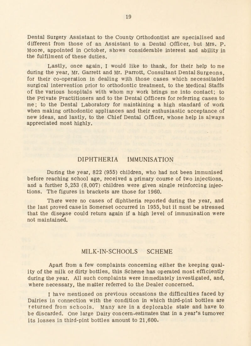 Dental Surgery Assistant to the County Orthodontist are specialised and different from those of an Assistant to a Dental Officer, but Mrs. p. Moore, appointed in October, shows considerable interest and ability in the fulfilment of these duties. Lastly, once again, I would like to thank, for their help to me during the year, Mr. Garrett and Mr. Parrott, Consultant Dental Surgeons, for their co-operation in dealing with those cases which necessitated surgical intervention prior to orthodontic treatment, to the Medical Staffs of the various hospitals with whom my work brings me into contact; to the Private practitioners and to the Dental Officers for referring cases to me; to the Dental Laboratory for maintaining a high standard of work when making orthodontic appliances and their enthusiastic acceptance of new ideas, and lastly, to the Chief Dental Officer, whose help is always appreciated most highly. DIPHTHERIA IMMUNISATION During the year, 822 (955) children, who had not been immunised before reaching school age, received a primary course of two injections, and a further 5,253 (8,007) children were given single reinforcing injec¬ tions. The figures in brackets are those for 1960. There were no cases of diphtheria reported during the year, and the last proved case in Somerset occurred in 1955, but it must be stressed that the disease could return again if a high level of immunisation were not maintained. MILK-IN-SCHOOLS SCHEME Apart from a few complaints concerning either the keeping qual¬ ity of the milk or dirty bottles, this Scheme has operated most efficiently during the year. All such complaints were immediately investigated, and, where necessary, the matter referred to the Dealer concerned. I have mentioned on previous occasions the difficulties faced by Dairies in connection with the condition in which third-pint bottles are returned from schools. Many are in a deplorable state and have to be discarded. One large Dairy concern-estimates that in a year’s turnover its losses in third-pint bottles amount to 21,600.