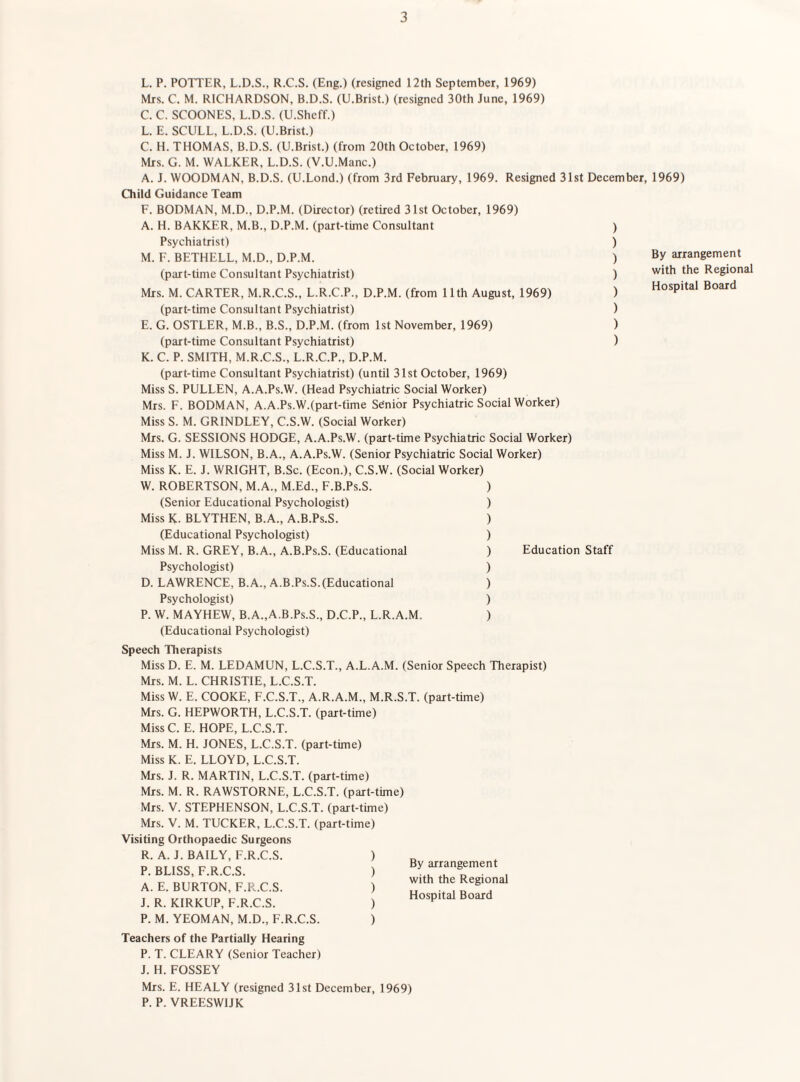 L. P. POTTER, L.D.S., R.C.S. (Eng.) (resigned 12th September, 1969) Mrs. C. M. RICHARDSON, B.D.S. (U.Brist.) (resigned 30th June, 1969) C. C. SCOONES, L.D.S. (U.Sheff.) L. E. SCULL, L.D.S. (U.Brist.) C. H. THOMAS, B.D.S. (U.Brist.) (from 20th October, 1969) Mrs. G. M. WALKER, L.D.S. (V.U.Manc.) A. J. WOODMAN, B.D.S. (U.Lond.) (from 3rd February, 1969. Resigned 31st December, 1969) Child Guidance Team F. BODMAN, M.D., D.P.M. (Director) (retired 31st October, 1969) A. H. BARKER, M.B., D.P.M, (part-time Consultant Psychiatrist) M. F. BETHELL, M.D., D.P.M. (part-time Consultant Psychiatrist) Mrs. M. CARTER, M.R.C.S., L.R.C.P., D.P.M. (from 11th August, 1969) (part-time Consultant Psychiatrist) E. G. OSTLER, M.B., B.S., D.P.M. (from 1st November, 1969) (part-time Consultant Psychiatrist) K. C. P. SMITH, M.R.C.S., L.R.C.P., D.P.M. (part-time Consultant Psychiatrist) (until 31st October, 1969) Miss S. PULLEN, A.A.Ps.W. (Head Psychiatric Social Worker) Mrs. F. BODMAN, A.A.Ps.W.(part-time Senior Psychiatric Social Worker) Miss S. M. GRINDLEY, C.S.W. (Social Worker) Mrs. G. SESSIONS HODGE, A.A.Ps.W. (part-time Psychiatric Social Worker) Miss M. J. WILSON, B.A., A.A.Ps.W. (Senior Psychiatric Social Worker) Miss K. E. J. WRIGHT, B.Sc. (Econ.), C.S.W. (Social Worker) W. ROBERTSON, M.A., M.Ed., F.B.Ps.S. ) (Senior Educational Psychologist) ) Miss K. BLYTHEN, B.A., A.B.Ps.S. ) (Educational Psychologist) ) Miss M. R. GREY, B.A., A.B.Ps.S. (Educational ) Education Staff Psychologist) ) D. LAWRENCE, B.A., A.B.Ps.S.(Educational ) Psychologist) ) P. W. MAYHEW, B.A.,A.B.Ps.S., D.C.P., L.R.A.M. ) (Educational Psychologist) ) ) ) By arrangement ) with the Regional ^ Hospital Board ) ) ) Speech Therapists Miss D. E. M. LEDAMUN, L.C.S.T., A.L.A.M. (Senior Speech Therapist) Mrs. M. L. CHRISTIE, L.C.S.T. Miss W. E. COOKE, F.C.S.T., A.R.A.M., M.R.S.T. (part-time) Mrs. G. HEPWORTH, L.C.S.T. (part-time) Miss C. E. HOPE, L.C.S.T. Mrs. M. H. JONES, L.C.S.T. (part-time) Miss K. E. LLOYD, L.C.S.T. Mrs. J. R. MARTIN, L.C.S.T. (part-time) Mrs. M. R. RAWSTORNE, L.C.S.T. (part-time) Mrs. V. STEPHENSON, L.C.S.T. (part-time) Mrs. V. M. TUCKER, L.C.S.T. (part-time) Visiting Orthopaedic Surgeons R. A. J. BAILY, F.R.C.S. ) P. BLISS, F.R.C.S. ) A. E. BURTON, F.R.C.S. ) J. R. KIRKUP, F.R.C.S. ) P. M. YEOMAN, M.D., F.R.C.S. ) Teachers of the Partially Hearing P. T. CLEARY (Senior Teacher) J. H. FOSSEY By arrangement with the Regional Hospital Board Mrs. E. HEALY (resigned 31st December, 1969) P. P. VREESWIJK