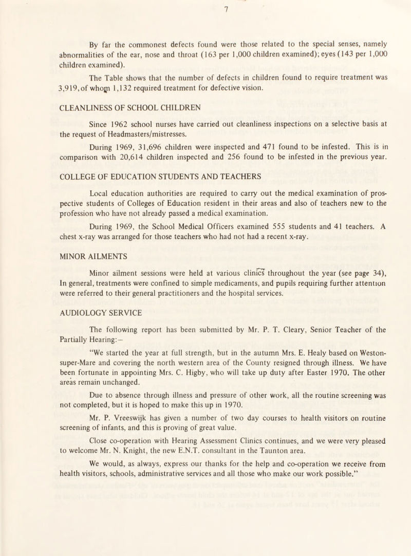 By far the commonest defects found were those related to the special senses, namely abnormalities of the ear, nose and throat (163 per 1,000 children examined); eyes (143 per 1,000 children examined). The Table shows that the number of defects in children found to require treatment was 3,919, of whojji 1,132 required treatment for defective vision. CLEANLINESS OF SCHOOL CHILDREN Since 1962 school nurses have carried out cleanliness inspections on a selective basis at the request of Headmasters/mistresses. During 1969, 31,696 children were inspected and 471 found to be infested. This is in comparison with 20,614 children inspected and 256 found to be infested in the previous year. COLLEGE OF EDUCATION STUDENTS AND TEACHERS Local education authorities are required to carry out the medical examination of pros¬ pective students of Colleges of Education resident in their areas and also of teachers new to the profession who have not already passed a medical examination. During 1969, the School Medical Officers examined 555 students and 41 teachers. A chest x-ray was arranged for those teachers who had not had a recent x-ray. MINOR AILMENTS Minor ailment sessions were held at various clinics throughout the year (see page 34), In general, treatments were confined to simple medicaments, and pupils requiring further attention were referred to their general practitioners and the hospital services. AUDIOLOGY SERVICE The following report has been submitted by Mr. P. T. Cleary, Senior Teacher of the Partially Hearing: — “We started the year at full strength, but in the autumn Mrs. E. Healy based on Weston- super-Mare and covering the north western area of the County resigned through illness. We have been fortunate in appointing Mrs. C. Higby, who will take up duty after Easter 1970. The other areas remain unchanged. Due to absence through illness and pressure of other work, all the routine screening was not completed, but it is hoped to make this up in 1970. Mr. P. Vreeswijk has given a number of two day courses to health visitors on routine screening of infants, and this is proving of great value. Close co-operation with Hearing Assessment Clinics continues, and we were very pleased to welcome Mr. N. Knight, the new E.N.T. consultant in the Taunton area. We would, as always, express our thanks for the help and co-operation we receive from health visitors, schools, administrative services and all those who make our work possible.”