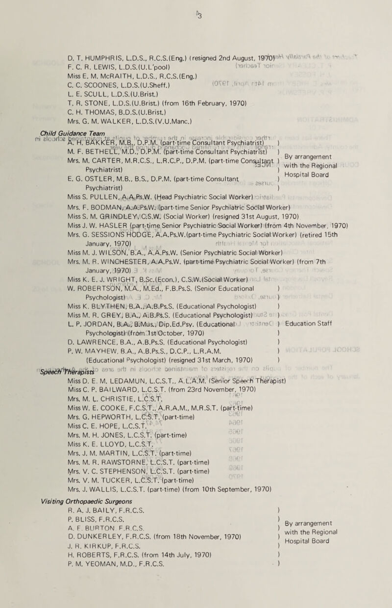 F. C. R. LEWIS, L.D.S.(U.L'pool) ^oi- Miss E. M. McRAITH, L.D.S., R.C.S.{Eng.) C. C. SCOONES, L.D.S.(U.Sheff.) L E. SCULL, L.D.S.(U.Brist.) T. R. STONE, L.D.S.(U.Brist.) (from 16th February, 1970) C. H. THOMAS, B.D.S.(U.Brist.) Mrs. G. M. WALKER, L.D.S.(V.U.Manc.) Child Guidance Team 2lC.)li38 A. H. BaKKER, M.B., D.KM. (part-time Consultant Psychiatrist) M. F. BETHELL, M.C)., IT.P.M. (part-time Consultant Psychiatrist! 7 L, 1 grit .n' -iviibirin, 31 'leHtt Mrs. M. CARTER, M.R.C.S., L.R.C.P., D.P.M. (part-time Cons^t^t ) Psychiatrist)   ) E. G. OSTLER, M.B., B.S., D.P.M. (part-time Consultant ) , ::: 3921U. Psychiatrist) ) MissS. PULLEN,.A./VvPs.W. (Fjead Psychiatric Social Worker) 'Diiteil By arrangement with the Regional Hospital Board Mrs. F. BODMAN',rAjA-JPs.W;-(part-time Senior Psychiatric Sodial Worker) Miss S. M. GRIiNDLEYvO.S.W. (Social Worker) (resigned 31st August, 1970) Miss J. W. HASLER (part-time Senior Psychiatric Social Worker) (from 4th November, 1970) Mrs. G. SESSIONS FtbOGE,'a'.A.Ps.W.(part-time Psychiatric Social Worker) (retired 15th January, 1970) ^ ,, ritli j'■; lot: Miss M. J. WlCsoN, B.A., A.A.Ps.W. (Senior Psychiatric SociaFWorker) Mrs. M. R. WINGFHESTER, AiA.Ps.W. (part-time Psychiatric SociaFWorker) (from 7th January, 1970) J - l Miss K. E. J. WRIGHT, B.Sc.(Econ.), C.S.W.(Social Worker) : -J Ifi' W. ROBERTsbN,^.A., M.Ed., F.B.Ps.S. (Senior Educational ) Psychologist) d '' ■ f ,921^ ) Miss K. BLYTHEN, B.A.,-A.B.Ps.S. (Educational Psychologist) ) Miss M. R. GREY, B.A., A;B,Ps.S. (Educational Psychologist) jui3 e ) L. P. JORDAN, B.Ai?BJMus.,‘Dip.Ed.Psy. (Educational! ' nJfneC ) Education Staff PsychologistHfrdm Ist'October, 1970) ) D. LAWRENCE, B.A., A.B.Ps.S. (Educational Psychologist) ) P. W. MAYHEW, B.A., A.B.Ps.S., D.C.P., L.R.A.M. ) (Educational Psychologist) (resigned 31st March, 1970) ) Sp^e6}Pfh‘erapi5ts^ oeniamiem to ! a'l. Miss D. E. M. LEDAMUN, L.C.S.T., A.L.A'.'M’.bSemor Speech'Therapist) MissC. P. BAILWARD, L.C.S.T. (from 23rd November, 1970) Mrs. M. L. CHRISTIE, L.C.S.f. MissW. E. COOKE, F.C.S:T.,_^A.R.A.M., M.R.S.T. (part-time) Mrs. G. HEPWORTH, Ld:fe.T7(part-time) MissC. E. HOPE, L.C.S.T.^' Mrs. M. H. JONES, L.C.S.T. (part-time) Miss K. E. LLOYD, L.C.S.T. Mrs. J. M. MARTIN, L.C.S.T. (part-time) ^ Mrs. M. R. RAWSTORNE,’' L.C.S.T. (part-time) , lyirs. V. C. STEPHENSON, L'.C.S.T. (part-time) Mrs. V. M. TUCKER, L.C.’S.rbpart-time) Mrs. J. WALLIS, L.C.S.T. (part-time) (from 10th September, 1970) Visiting Orthopaedic Surgeons R. A. J. BAILY, F.R.C.S. P. BLISS, F.R.C.S. A, F. BURTON F.R.C.S. D. DUNKERLEY, F.R.C.S. (from 18th November, 1970) J. R. KIRKUP, F.R.C.S. H, ROBERTS, F.R.C.S. (from 14th July, 1970) P. M. YEOMAN, M.O., F.R.C.S. By arrangement with the Regional Hospital Board