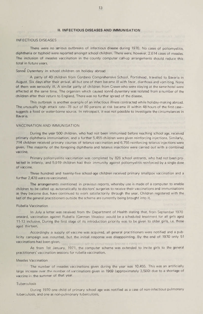 II. INFECTIOUS DISEASES AND IMMUNISATION INFECTIOUS DISEASES There were no serious outbreaks of infectious disease during 1970. No cases of poliomyelitis, diphtheria or typhoid were reported amongst school children. There were, however, 2,614 cases of measles. The inclusion of measles vaccination in the county computer call-up arrangements should reduce this total in future years. Sonne Dysentery in school children on holiday abroad A party of 40 children from Gordano Comprehensive School, Portishead, travelled to Bavaria in August. Six days after their arrival, all but one of them became ill with fe/er, diarrhoea and vomiting. None of them was seriously ill. A similar party of children from Crewe who were staying at the same hotel were affected at the same time. The organism which caused sonne dysentery was isolated from a number of the children after their return to England. There was no further spread of the disease. This outbreak is another example of an infectious illness contracted while holiday-making abroad. The unusually high attack rate—78 out of 80 persons at risk became ill within 48 hours of the first case— suggests a food or water-borne source. In retrospect, it was not possible to investigate the circumstances in Bavaria. VACCINATION AND IMMUNISATION During the year 500 children, who had not been immunised before reaching school age, received primary diphtheria immunisation, and a further 5,455 children were given reinforcing injections. Similarly, 714 children received primary courses of tetanus vaccination and 6,755 reinforcing tetanus injections were given. The majority of the foregoing diphtheria and tetanus injections were carried out with a combined vaccine. Primary poliomyelitis vaccination was completed by 826 school entrants, who had not been pro¬ tected in infancy, and 5,919 children had their immunity against poliomyelitis reinforced by a single dose of vaccine. Three hundred and twenty-five school-age children received primary smallpox vaccination and a further 2,478 were re-vaccinated. The arrangements mentioned in previous reports, whereby use is made of a computer to enable children to be called up automatically to doctors' surgeries to receive their vaccinations and immunisations as they become due, have continued to work satisfactorily through the year. Children registered with the last of the general practitioners outside the scheme are currently being brought into it. Rubella Vaccination In July a letter was received from the Department of Health stating that, from September 1970 onward, vaccination against Rubella (German Measles) would be a scheduled treatment tor all girls aged 11-13 inclusive. During the first stage of its introduction priority was to be given to older girls, i.e. those aged thirteen. Accordingly a supply of vaccine was acquired, all general practitioners were notified and a pub¬ licity campaign was mounted, but the initial response was disappointing. By the end of 1970 only 51 vaccinations had been given. . ^ As from 1st January, 1971, the computer scheme was extended to invite girls to the general practitioners' vaccination sessions for rubella vaccination. Measles Vaccination The number of measles vaccinations given during the year was 10,455. This was an artificially large increase over the number of vaccinations given in 1969 (approximately 3,500) due to a shortage of vaccine in the summer of that year. Tuberculosis During 1970 one child of primary school age was notified as a case of non-infectious pulmonary tuberculosis, and one as noh-pulmonary tuberculosis.