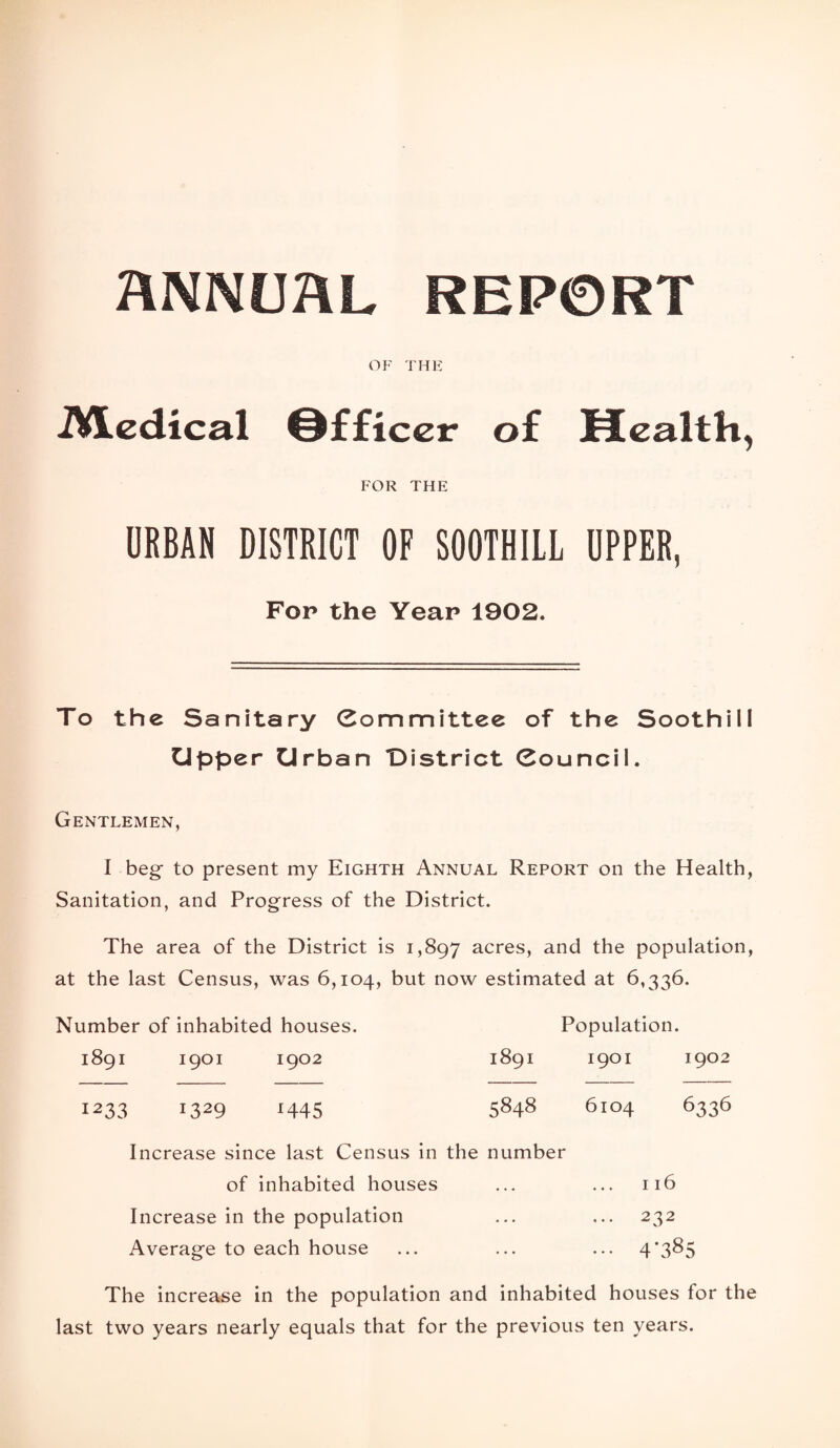 flNNUHL REPORT OF THE iVledical ©fficcr of fCealth, FOR THE URBAN DISTRICT OF SOOTHILL UPPER, Fop the Year 1902. To the Sanitary Committee of the Soothill Upper Urban District Council. Gentlemen, I beg to present my Eighth Annual Report on the Health, Sanitation, and Progress of the District. The area of the District is 1,897 acres, and the population, at the last Census, was 6,104, but now estimated at 6,336. Number of inhabited houses. Population. 1891 1901 1902 1891 1901 1902 1233 1329 1445 5848 6104 6336 Increase since last Census In the number of inhabited houses ... ... 116 Increase in the population ... ... 232 Average to each house ... ... ... 4*385 The increase in the population and inhabited houses for the last two years nearly equals that for the previous ten years.