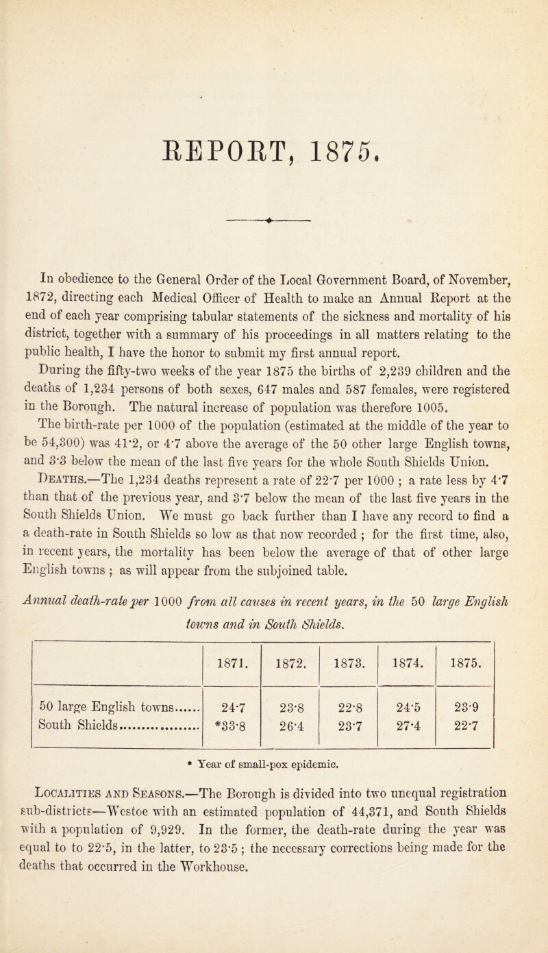 REPORT, 1875. ♦ In obedience to the General Order of the Local Government Board, of November, 1872, directing each Medical Officer of Health to make an Annual Eeport at the end of each year comprising tabular statements of the sickness and mortality of his district, together with a summary of his proceedings in all matters relating to the public health, I have the honor to submit my first annual report. During the fifty-two weeks of the year 1875 the births of 2,239 children and the deaths of 1,234 persons of both sexes, 647 males and 587 females, were registered in the Borough. The natural increase of population was therefore 1005. The birth-rate per 1000 of the population (estimated at the middle of the year to be 54,300) was 41*2, or 4'7 above the average of the 50 other large English towns, and 3*3 below the mean of the last five years for the whole South Shields Union. Deaths.—The 1,234 deaths represent a rate of 22'7 per 1000 ; a rate less by 4*7 than that of the previous year, and 3'7 below the mean of the last five years in the South Shields Union. We must go back further than I have any record to find a a death-rate in South Shields so low as that now recorded ; for the first time, also, in recent years, the mortality has been below the average of that of other large English towns ; as will appear from the subjoined table. Annual death-rate ^er 1000 from all causes in recent years, in the 50 large English towns and in South Shields. 1871. 1872. 1873. 1874. 1875. 50 large English towns. 24*7 23-8 22-8 24-5 23-9 South Shields. ^33-8 26-4 23-7 27*4 22-7 * Year of small-pox epidemic. Localities aed Seasons.—The Borough is divided into two unequal registration sub-districts—Westoe with an estimated population of 44,371, and South Shields with a population of 9,929. In the former, the death-rate during the year was equal to to 22*5, in the latter, to 23'5 ; the necessary corrections being made for the deaths that occurred in the Workhouse.