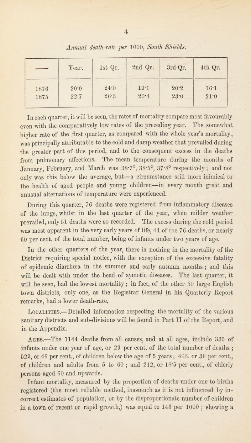 Annual death-rate per 1000, South Shields. Year. 1st Qr. 2nd Qr. 3rd Qr. 4th Qr. 1876 20-0 24*0 19T 20*2 16T 1875 227 26*3 20-4 23-0 21*0 In each quarter, it will be seen, the rates of mortality compare most favourably even with the comparatively low rates of the preceding year. The somewhat hio-her rate of the first quarter, as compared with the whole year’s mortality, was principally attributable to the cold and damp weather that prevailed during the greater part of this period, and to the consequent excess in the deaths from pulmonary affections. The mean temperature during the months of January, February, and March was 387°, 38*5°, 37‘8° respectively; and not only was this below the average, but—a circumstance still more inimical to the health of aged people and young children—in every month great and unusual alternations of temperature were experienced. During this quarter, 76 deaths were registered from inflammatory diseases of the lungs, whilst in the last quarter of the year, when milder weather prevailed, only 51 deaths were so recorded. The excess during the cold period was most apparent in the very early years of life, 44 of the 76 deaths, or nearly 60 per cent, of the total number, being of infants under two years of age. In the other quarters of the year, there is nothing in the mortality of the District requiring special notice, with the exception of the excessive fatality of epidemic diarrhoea in the summer and early autumn months ; and this will be dealt with under the head of zymotic diseases. The last quarter, it will be seen, had the lowest mortality ; in fact, of the other 50 large English town districts, only one, as the Eegistrar General in his Quarterly Eeport remarks, had a lower death-rate. JjOCALITIES.—Detailed information respecting the mortality of the various sanitary districts and sub-divisions will be found in Part II of the Eeport, and in the Appendix. Ages.—The 1144 deaths from all causes, and at all ages, include 330 of infants under one year of age, or 29 per cent, of the total number of deaths ; 529, or 46 per cent., of children below the age of 5 years ; 403, or 36 per cent., of children and adults from 5 to 60 ; and 212, or 18-5 per cent., of elderly persons aged 60 and upwards. Infant mortality, measui’ed by the proportion of deaths under one to births registered (the most reliable method, inasmuch as it is not influenced by in¬ correct estimates of population, or by the disproportionate number of children in a town of recent or rapid growth,) was equal to 146 per 1000 ; showing a