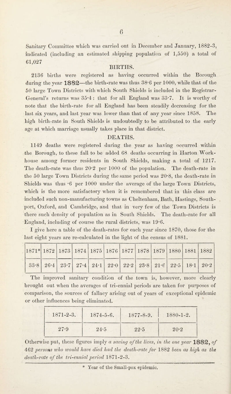 indicated (including an estimated shipping population of 1,550) a total of 61,027 BIRTHS. 2136 births were registered as having occurred within the Borough duiing the year 1882—the birth-rate was thus 38-6 per 1000, while that of the 50 large Town Districts with which South Shields is included in the Registrar- General’s returns was 35*4 : that for all England was 33*7. It is worthy of note that the birth-rate for all England has been steadily decreasing for the last six years, and last year was lower than that of any year since 1858. The high birth-rate in South Shields is undoubtedly to be attributed to the early age at which marriage usually takes place in that district. DEATHS. 1149 deaths were registered during the year as having occurred within the Borough, to these fall to be added 68 deaths occurring in Harton Work- house among former residents in South Shields, making a total of 1217. The death-rate was thus 20*2 per 1000 of the population. The death-rate in the 50 large Town Districts during the same period was 20*8, the death-rate in Shields was thus *6 per 1000 under the average of the large Town Districts, which is the more satisfactory when it is remembered that in this class are included such non-manufacturing towns as Cheltenham, Bath, Hastings, South- port, Oxford, and Cambridge, and that in very few of the Town Districts is there such density of population as in South Shields. The death-rate for all England, including of course the rural districts, was 19*6. I give here a table of the death-rates for each year since 1870, those for the last eight years are re-calculated in the light of the census of 1881. 1871^ 1872 1873 1874 1875 1876 1877 1878 1879 1880 1881 1882 33*8 26*4 23*7 27*4 24*1 22*0 22*2 23*8 21*6 22*5 18*1 20*2 The improved sanitary condition of the town is, however, more clearly brought out when the averages of tri-ennial periods are taken for purposes of comparison, the sources of fallacy arising out of years of exceptional epidemic or other influences being eliminated. 1871-2-3. 1874-5-6. 1877-8-9. 1880-1-2. 27*9 24*5 22*5 20*2 Otherwise put, these figures imply a saving of the lives, in the one year 1882, of 462 persons who would have died had the death-rate for 1882 been as high as the death-rate of the tri-ennial period 1871-2-3. * Year of the Small-pox epidemic.