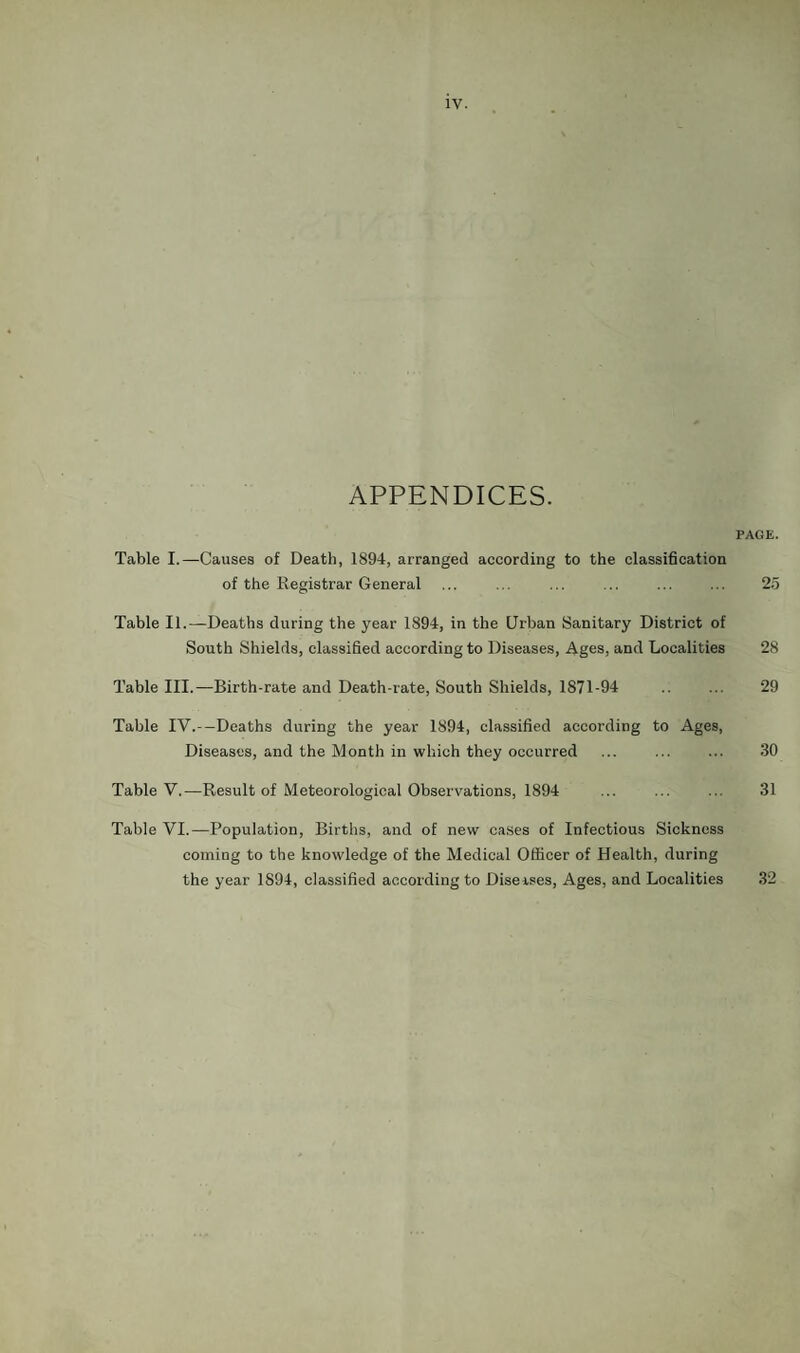 APPENDICES. PAGE. Table I.—Causes of Death, 1894, arranged according to the classification of the Registrar General ... ... ... ... ... ... 25 Table II.—Deaths during the year 1894, in the Urban Sanitary District of South Shields, classified according to Diseases, Ages, and Localities 28 Table III.—Birth-rate and Death-rate, South Shields, 1871-94 . 29 Table IV.--Deaths during the year 1894, classified according to Ages, Diseases, and the Month in which they occurred ... ... ... 30 Table V.—Result of Meteorological Observations, 1894 ... ... ... 31 Table VI.—Population, Births, and of new ca.ses of Infectious Sickness coming to the knowledge of the Medical Officer of Health, during