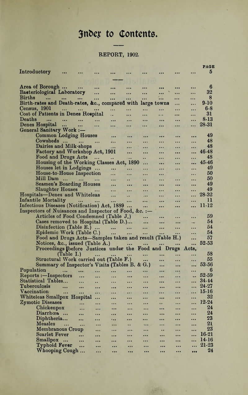 to (Tontento REPORT, 1902. Introductory PAGE 5 Area of Borough. Bacteriological Laboratory . Births . . Birth-rates and Death-rates, &o., compared with large towns ... Census, 1901 . . Cost of Patients in Denes Hospital .. . Deaths . . . Denes Hospital . . . General Sanitary Work :— Common Lodging Houses . Cowsheds ... Dairies and Milk-shops . Factory and Workshop Act, 1901 . Food and Drugs Acts Housing of the Working Classes Act, 1890 . Houses let in Lodgings ... House-to-House Inspection . Mill Dam ... Seamen’s Boarding Houses Slaughter Houses . Hospitals—Denes and Whiteleas Infantile Mortality ... . . Infectious Diseases (Notification) Act, 1889 . Inspectors of Nuisances and Inspector of Food, &c. :— Articles of Food Condemned (Table J.) Cases removed to Hospital (Table D.)... Disinfection (Table E.) ... . Epidemic Work (Table C.) . . Food and Drugs Acts—Samples taken and result (Table H.) Notices, &c., issued (Table A.) . Proceedings [before Justices under the Food and Drugs (Table I.) . Structural Work carried out (Table F.) . Summary of Inspector’s Visits (Tables B. & G.) . Population . Reports :—Inspectors Statistical Tables. Tuberculosis Vaccination Whiteleas Smallpox Hospital ... Zymotic Diseases Chickenpox Diarrhoea ... Diphtheria. Measles Membranous Croup Scarlet Fever . Smallpox. Typhoid Fever . Whooping Cough. Acts, 6 32 8 9-10 6-8 31 8-13 28-31 49 48 48 46-48 48 45-46 49 50 50 49 49 28-32 11 11-12 59 54 54 54 57 52- 53 58 55 53- 56 6 52-59 34-44 24-27 15- 16 32 12-24 24 24 23 21 23 16- 21 14-16 21-23 24