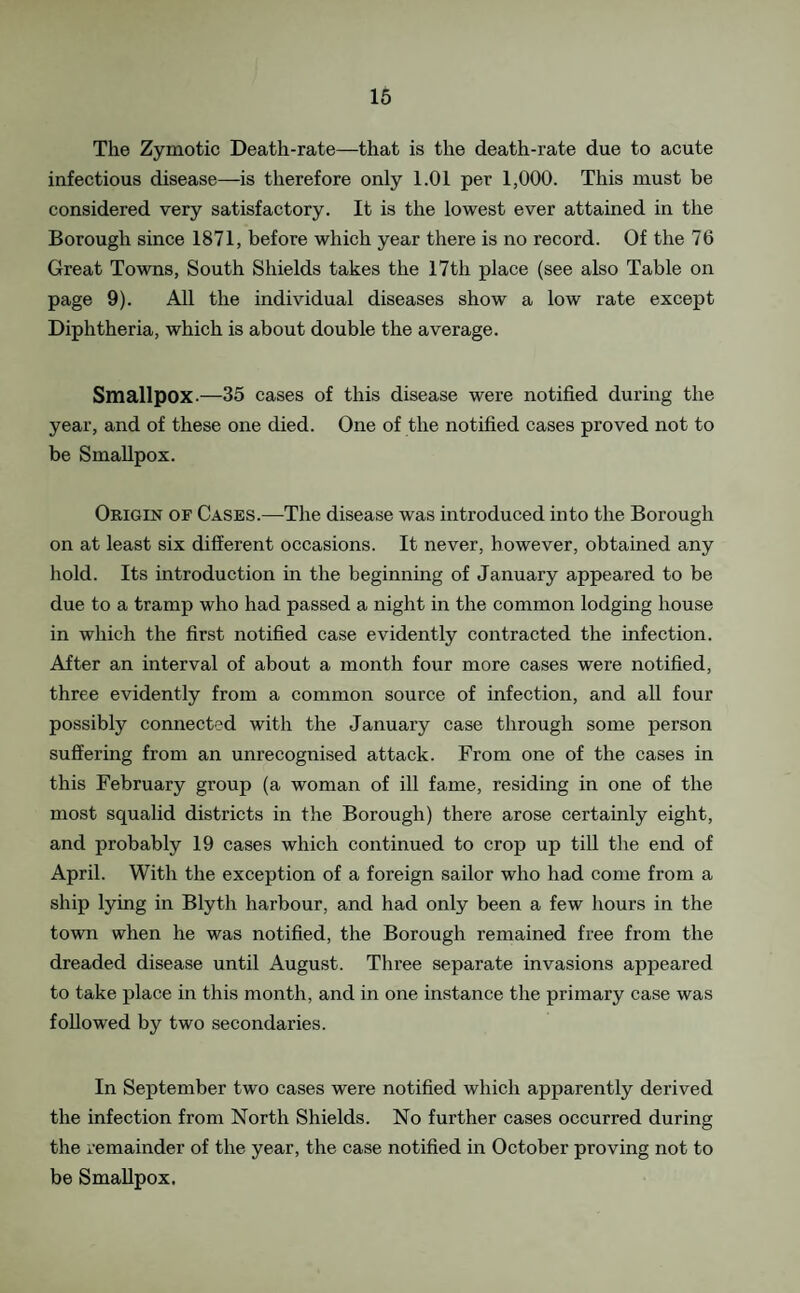 The Zymotic Death-rate—that is the death-rate due to acute infectious disease—is therefore only 1.01 per 1,000. This must be considered very satisfactory. It is the lowest ever attained in the Borough since 1871, before which year there is no record. Of the 76 Great Towns, South Shields takes the 17th place (see also Table on page 9). All the individual diseases show a low rate except Diphtheria, which is about double the average. Smallpox.—35 cases of this disease were notified during the year, and of these one died. One of the notified cases proved not to be Smallpox. Origin of Cases.—The disease was introduced into the Borough on at least six different occasions. It never, however, obtained any hold. Its introduction in the beginning of January appeared to be due to a tramp who had passed a night in the common lodging house in which the first notified case evidently contracted the infection. After an interval of about a month four more cases were notified, three evidently from a common source of infection, and all four possibly connect'^d with the January case through some person suffering from an unrecognised attack. From one of the cases in this February group (a woman of ill fame, residing in one of the most squalid districts in the Borough) there arose certainly eight, and probably 19 cases which continued to crop up till tlie end of April. With the exception of a foreign sailor who had come from a ship lying in Blyth harbour, and had only been a few hours in the town when he was notified, the Borough remained free from the dreaded disease until August. Three separate invasions appeared to take place in this month, and in one instance the primary case was followed by two secondaries. In September two cases were notified which apparently derived the infection from North Shields. No further cases occurred during the remainder of the year, the case notified in October proving not to be Smallpox.