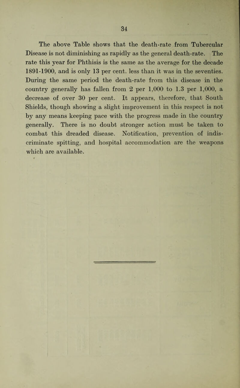 The above Table shows that the death-rate from Tubercular Disease is not diminishing as rapidly as the general death-rate. The rate this year for Phthisis is the same as the average for the decade 1891-1900, and is only 13 per cent, less than it was in the seventies. During the same period the death-rate from this disease in the country generally has fallen from 2 per 1,000 to 1.3 per 1,000, a decrease of over 30 per cent. It appears, therefore, that South Shields, though showing a slight improvement in this respect is not by any means keeping pace with the progress made in the country generally. There is no doubt stronger action must be taken to combat this dreaded disease. Notification, prevention of indis¬ criminate spitting, and hospital accommodation are the weapons which are available.