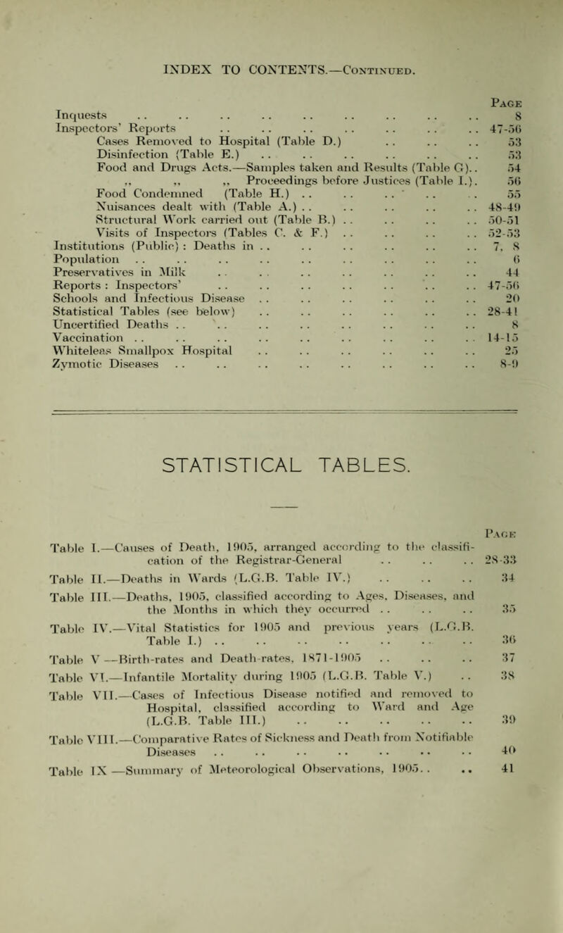 INDEX TO CONTENTS.—Continued. Page Inqiie.st.s .. .. .. .. .. .. . . . . .. 8 Inspectors’ Reports . . .. .. .. .. . . . . 47-.-)() Cases Removed to Hospital (Table D.) .. .. .. 53 Disinfection (Table E.) . . . . . . . . . . . . 53 Food and Drugs Acts.—Samples taken and Results (Table G).. .54 .. ,. Proceedings before .Justices (Table I.). 5(i Food Conflemned (Table H.) .. .. ' .. .. 55 Nuisances dealt with (Table A.) .. .. . . . . . . 48-4!) Structural Work carried out (Table B.) .. .. .. .. 50-51 Visits of Inspectoi-s (Tables C. & F.) .. .. .. .. 52-53 Institutions (Public) : Deaths in . . . . . . . . . . . . 7. .8 Popidation . . . . . . . . . . . . . . . . . . (> Preservatives in Jlilk . . . . . . .. . . .. . . 44 Reports : Inspectors’ .. . . . . . . . . .. .. 47-5(> Schools and Infectious Disease . . . . . . . . .. .. 20 Statistical Tables (see below) .. .. .. .. .. .. 28-41 Uncertified Deaths .. . . . . .. .. .. .. .. 8 Vaccination .. .. .. .. .. .. .. .. .. 14-15 Whiteleas Smallpox Hospital . . . . . . . . .. .. 2.5 Zymotic Diseases . . . . . . .. . . .. .. .. 8-!) STATISTICAL TABLES. Pa(;k I’able I.—Causes of Death, 1905, arranged according to the cla.ssifi- cation of the Registrar-General ,. .. .. 28-33 Table 11.—Dcatlis in Wards (L.G.B. Table IV.) .. .. 34 Table III.—Deaths. 1905, classified according to .-^.ges. Di.seases, and the .Months in which they occurmd . . . . . . 35 Table IV.—Vital Statistics for 1905 and pre\ious years (L.G.B. Table I.). .’hi 'I’able 5'—Birth-rates and Death rates. 1871-1905 .. .. .. 37 Table VI.—Infantile Mortality during 1905 (L.G.B. Table V.) .. 38 Table VI1.—Ca-ses of Infectious Di.sea.se notified and removed to Hospital, classified according to Ward aiul .■Xge (L.G.B. Table HI.) . .’59 Tabic VII1.—Comparative Ratos of Sickness and Deatli from Notifiable Di.seases .. .. .. .. .. . • • • -K*