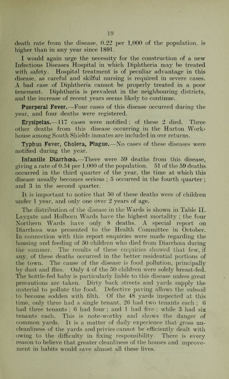 higher tlian in any year since 1891. I would again urge the necessity for the construction of a new Infectious Diseases Hospital in which Diphtheria may be treated with safety. Hospital treatment is of peculiar advantage in this disease, as careful and skilful nursing is required in severe cases. A bad case of Dijihtheria cannot be properly treated in a poor tenement. Diphtheria is prevalent in the neighbouring districts, and the increase of recent years seems likely to continue. Puerperal Fever.—Four cases of this disease occurred during the year, and four deaths were registered. Erysipelas.—117 cases were notified; of these 2 died. Three other deaths from this disease occurring in the Harton Work- house among South Shields inmates are included in our returns. Typhus Fever, Cholera, Plague.—Xo cases of the.se diseases were notified during the j^ear. Infantile Diarrhoea.—There were 59 deaths from this disease, giving a rate of 0.54 per 1,000 of the population. 51 of the 59 deaths occurred in the third quarter of the year, the time at which this disease usually becomes serious ; 5 occurred in the fourth quarter ; and 3 in the second quarter. It is important to notice that 50 of these deaths were of children undei' 1 year, and only one over 2 years of age. The distribution of the disease in the Wards is shown in Table II. Laygate and Holborn Wards have the highest mortality ; the four Xorthern Wards have onh^ 8 deaths. A special report on Diarrhoea was presented to the Health Committee iji October. In connection with this report enquiries were made regarding the liousing and feeding of 50 children who died from Diarrhoea during the summer. The results of these enquiries showed that few, if any, of these deaths occurred in the better residential portions of the town. The cause of tlie disease is food pollution, principally by dust and flies. Only 4 of the 50 children were solely breast-fed. The bottle-fed baby is particularly liable to this disease unless great precautions are taken. Dirty back streets and yaids sujjply the material to pollute the food. Defective paving allows the subsoil to become sodden with filth. Of the 48 yaids inspected at this time, only three had a single tenant, 26 had two tenants each ; 6 had three tenants ; 6 had four ; and 1 had five ; while 3 had six tenants each. This is note-worthy and shows the danger of common yards. It is a matter of daily experience that gross un¬ cleanliness of the yards and privies cannot be efficiently'^ dealt with owing to the difficulty in fixing responsibility'. There is ev'ery reason to believe that greater cleanliness of the houses and .mprove- ment in habits would save almost all these lives.