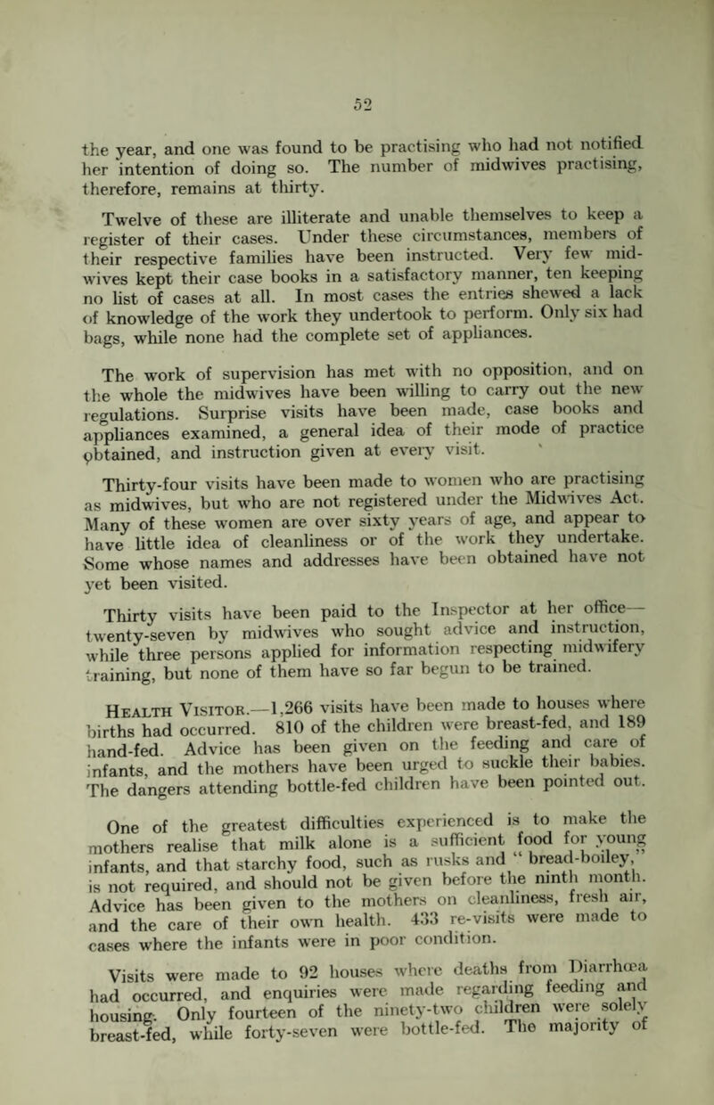 the year, and one was found to be practising who had not notified her intention of doing so. The number of midwives practising, therefore, remains at thirty. Twelve of these are illiterate and unable themselves to keep a register of their cases. Under these circumstances, members of their respective families have been instructed. Veiy few mid¬ wives kept their case books in a satisfactory manner, ten keeping no list of cases at all. In most cases the entries shewed a lack of knowledge of the work they undertook to perform. Onlj six had bags, while none had the complete set of appliances. The work of supervision has met with no opposition, and on tl'.e whole the midwives have been willing to carry out the new le^ulations. Surprise visits have been made, case books and appliances examined, a general idea of their mode of practice pbtained, and instruction given at every visit. Thirty-four visits have been made to women who are practising as raidwives, but w^ho are not registered under the Midwives Act. Many of these women are over sixty years of age, and appear to have little idea of cleanliness or of the work they undertake. Some whose names and addresses have been obtained have not 3’et been visited. Thirty visits have been paid to the Inspector at her office twenty-seven by midwives who sought advice and instruction, while three persons applied for information respecting midwifery training, but none of them have so far begun to be trained. Health Visitor.—1,266 visits have been made to houses where births had occurred. 810 of the children were breast-fed and 189 hand-fed. Advice has been given on the feeding and care of infants, and the mothers have been urged to suckle tlieir babies. The dangers attending bottle-fed children have been pointed out. One of the greatest difficulties experienced is to make the mothers realise that milk alone is a .sufficient food for young infants, and that starchy food, such as rusks and breac -boiley, is not required, and should not be given before the ninth month. Advice has been given to the mothers on cleanliness, fresh air, and the care of their own health. 4:}:{ re-visits were made to cases where the infants were in poor condition. Visits were made to 92 house.s where deaths from Diarrlwa had occurred, and enquiries were made regarding feeding and housing. Only fourteen of the ninety-two cluldren were solely breast-fed, while forty-seven were bottle-fed. The majority of