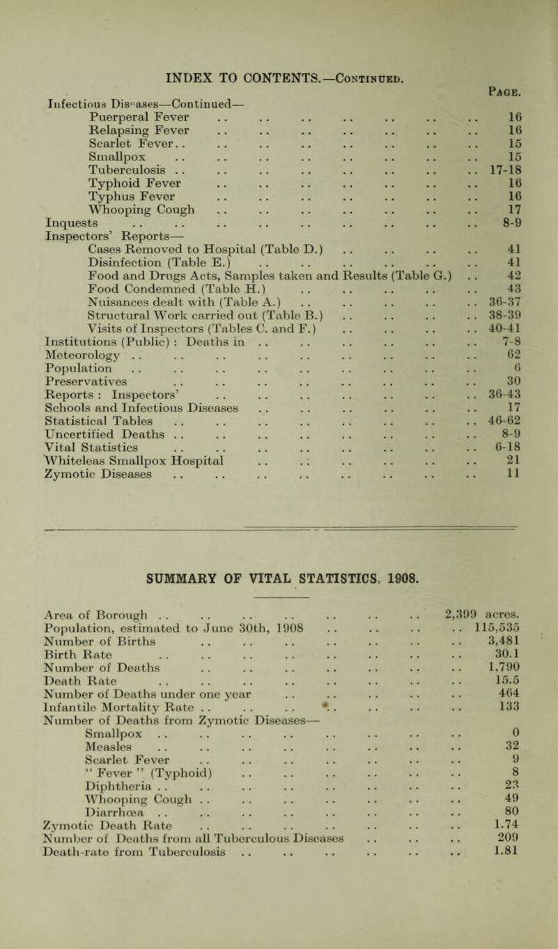 INDEX TO CONTENTS.—Continued. Page. Infectious Diseases—Continued— Puerperal Fever .. .. .. .. .. .. .. 16 Relapsing Fever .. .. .. .. .. .. .. 16 Scarlet Fever.. .. .. .. .. .. .. .. 15 Smallpox .. .. .. .. .. .. .. .. 15 Tuberculosis .. .. .. .. .. .. .. .. 17-18 Typhoid Fever .. .. .. .. .. .. .. 16 Typhus Fever .. .. .. .. .. .. .. 16 Whooping Cough .. .. .. .. .. .. .. 17 Inquests .. .. .. .. .. .. .. .. .. 8-9 Inspectors’ Reports— Cases Removed to Hospital {Table D.) .. .. .. .. 41 Disinfection (Table E.) .. .. .. .. .. .. 41 Food and Drugs Acts, Samples taken and Results (Table G.) .. 42 Food Condemned (Table H.) .. .. .. .. .. 43 Nuisances dealt with (Table A.) .. .. .. .. .. 36-37 Structural Work carried out (Table B.) .. .. .. .. 38-39 Visits of Inspectors (Tables C. and F.) .. .. .. .. 40-41 Institutions (Public) : Deaths in .. .. .. .. .. .. 7-8 Meteorology . . .. .. .. .. .. .. .. .. 62 Population .. .. .. .. .. .. .. .. .. 6 Preservatives . . .. .. .. .. .. .. .. 30 Reports ; Inspectors’ .. .. .. .. .. .. .. 36-43 Schools and Infectious Diseases .. .. .. .. .. .. 17 Statistical Tables . . .. .. .. .. .. .. .. 46-62 Uncertified Deaths .. .. .. . . .. .. .. .. 8-9 Vital Statistics .. .. .. .. .. .. .. .. 6-18 Whitelcas Smallpox Hospital .. .. .. .. .. .. 21 Zymotic Diseases .. .. .. .. .. .. .. .. 11 SUMMARY OF VITAL STATISTICS, 1908. Area of Borough . . .. .. .. .. .. .. 2,399 acres. Population, estimated to Juno 30th, 1908 .. .. .. .. 115,535 Number of Births .. .. .. .. .. .. .. 3,481 Birth Rate . . . . .. .. .. .. .. .. 30.1 Number of Deaths .. .. .. .. .. .. .. 1,790 Death Rate .. .. .. .. .. .. .. .. 15.5 Number of Deaths under one year .. .. .. .. .. 464 Infantile Mortality Rate . . .. .. •.. .. .. .. 133 Number of Deaths from Zymotic Diseases— Smallpox .. . . .. .. .. . . . . .. 0 Measles .. . . .. .. .. .. .. .. 32 Scarlet Fever .. .. .. .. .. .. .. 9 “Fever” (Typhoid) .. .. .. .. .. .. 8 Diphtheria . . .. .. . . .. .. .. .. 23 Whooping Cough .. .. .. .. .. .. .. 49 Diarrhoea .. .. .. . . .. .. .. .. 80 Zymotic Death Rato .. .. . . . . . . .. 1.74 Number of Deaths from all Tuberculous Diseases .. .. .. 209 Death-rate from Tuberculosis .. .. .. .. .. .. 1.81