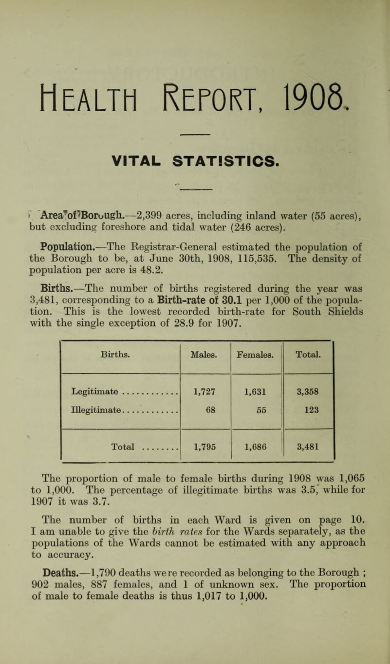 Health Retort. 1908, VITAL STATISTICS. I Area’of^Borough.—2,399 acres, including inland water (55 acres), but excluding foreshore and tidal water (246 acres). Population.—The Registrar-General estimated the population of the Borough to be, at June 30th, 1908, 115,535. The density of population per acre is 48.2. Births.—The number of births registered during the year was 3,481, corresponding to a Birth-rate of 30.1 per 1,000 of the popula¬ tion. This is the lowest recorded birth-rate for South Shields mth the single exception of 28.9 for 1907. Births. Males. Females. i Total. Legitimate. 1,727 1,631 3,368 Illegitimate. 68 66 123 Total . 1,795 1,686 3,481 The proportion of male to female births during 1908 was 1,065 to 1,000. The percentage of illegitimate births was 3.5,’ while for 1907 it was 3.7. The number of births in each Ward is given on page 10. I am unable to give the hirth rates for the Wards separately, as the populations of the Wards cannot be estimated with any approach to accuracy. Deaths.—1,790 deaths were recorded as belonging to the Borough ; 902 males, 887 females, and 1 of unknoTvn sex. The proportion of male to female deaths is thus 1,017 to 1,000.