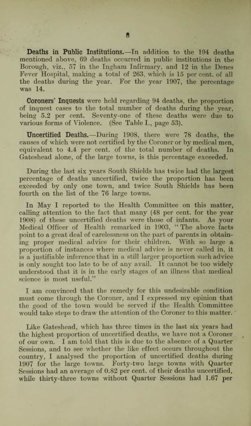 Deaths in Public Institutions.—In addition to the 194 deaths mentioned above, 69 deaths occurred in public institutions in the Borough, viz., 57 in the Ingham Infirmary, and 12 in the Denes Fever Hospital, making a total of 263, which is 15 per cent, of all the deaths during the year. For the year 1907, the percentage was 14. Coroners’ Inquests were held regarding 94 deaths, the proportion of inquest cases to the total number of deaths during the year, being 5.2 per cent. Seventy-one of these deaths were due to various forms of Violence. (See Table I., page 53). Uncertified Deaths.—During 1908, there were 78 deaths, the causes of which were not certified by the Coroner or by medical men, equivalent to 4.4 per cent, of the total number of deaths. In Gateshead alone, of the large towns, is this percentage exceeded. During the last six years South Shields has twice had the largest percentage of deaths uncertified, twice the proportion has been exceeded by only one toAvn, and twice South Shields has been fourth on the list of the 76 large tov\Tis. In May I reported to the Health Committee on this matter, calling attention to the fact that many (48 per cent, for the year 1908) of these uncertified deaths were those of infants. As your Medical Officer of Health remarked in 1903, “ The above facts point to a great deal of carelessness on the part of parents in obtain¬ ing proper medical advice for their children. With so large a proportion of instances where medical advice is never called in, it is a justifiable inference that in a still larger proportion such advice is only sought too late to be of any avail. It cannot be too mdely understood that it is in the early stages of an illness that medical science is most u.seful.” I am convinced that the remedy for this undesirable condition must come through the Coroner, and I expressed my opinion that the good of the town would be served if the Health Committee would take steps to draw the attention of the Coroner to this matter. Like Gateshead, which has three times in the last six years had the highest proportion of uncertified deaths, we have not a Coroner of our own. I am told that this is due to the absence of a Quarter Sessions, and to see whether the like effect occurs throughout the country, I analysed the proportion of uncertified deaths during 1907 for the large towns. Forty-two large towns with Quarter Sessions had an average of 0.82 per cent, of their deaths uncertified, while thirty-three towns without Quarter Sessions had 1.67 per